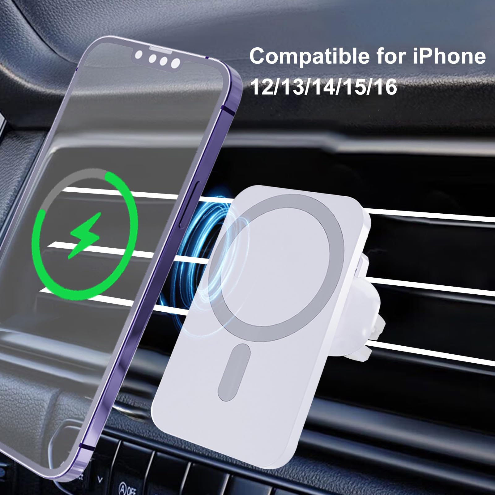 15W Fast Wireless Car Charger Mount for iPhone 16/15/14/13/12 - HYDGYC MagSafe Air Vent Phone Holder with 360° Rotation & Secure Grip (White) | Perfect for Commuting, Road Trips & Hands-Free Charging