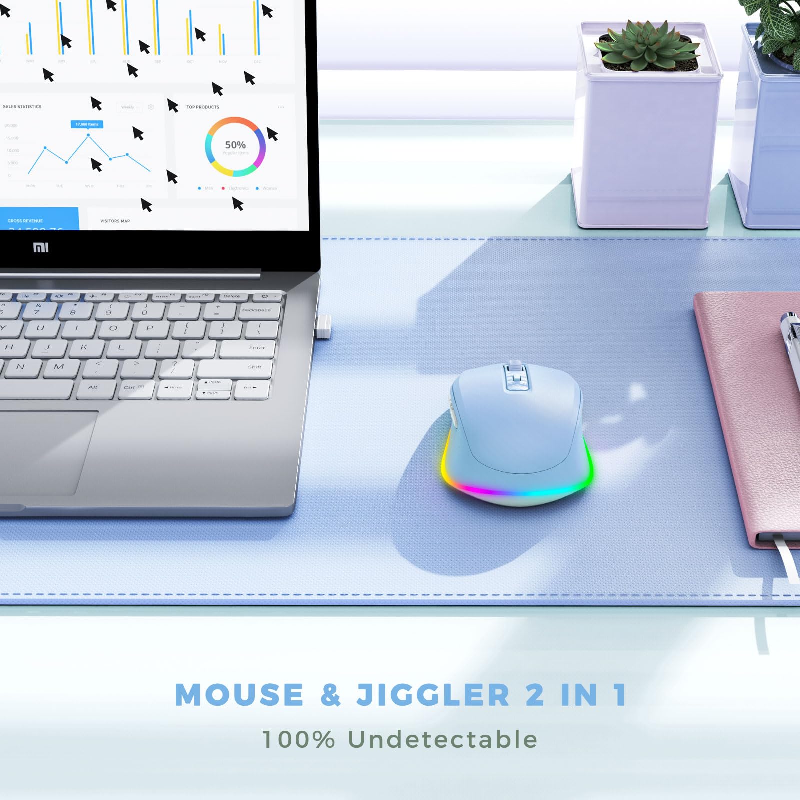 PEIOUS Wireless Mouse Jiggler - Undetectable Random Movement USB Mouse Mover for Laptop, Rechargeable Silent Computer Mouse with LED Light (Light Blue) - Keep PC Awake for Work, Online Meetings & Presentations
