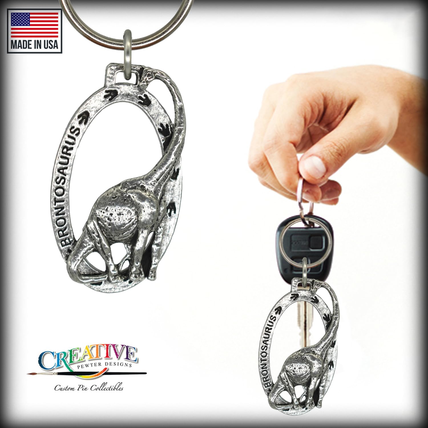 Brontosaurus Keychain - 2” Pewter Dinosaur Key Ring | 100% Handmade in USA | Durable Metal Key Fob Gift | Perfect for Home, Office & Travel Essentials | Over 100 Unique Keychain Designs