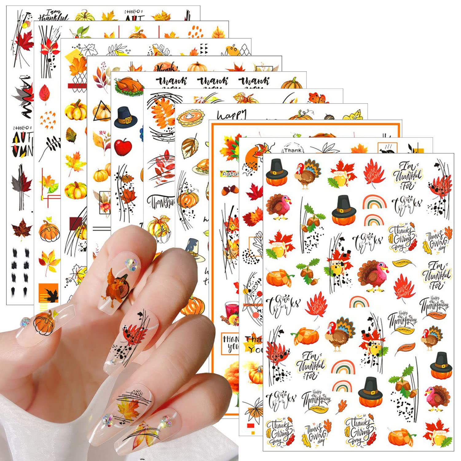 Fall Nail Art Stickers - 10 Sheets Maple Leaf & Pumpkin 3D Self-Adhesive Nail Decals for Autumn & Thanksgiving - DIY Manicure Decorations for Women | Perfect for Halloween, Thanksgiving Parties & Seasonal Nail Art