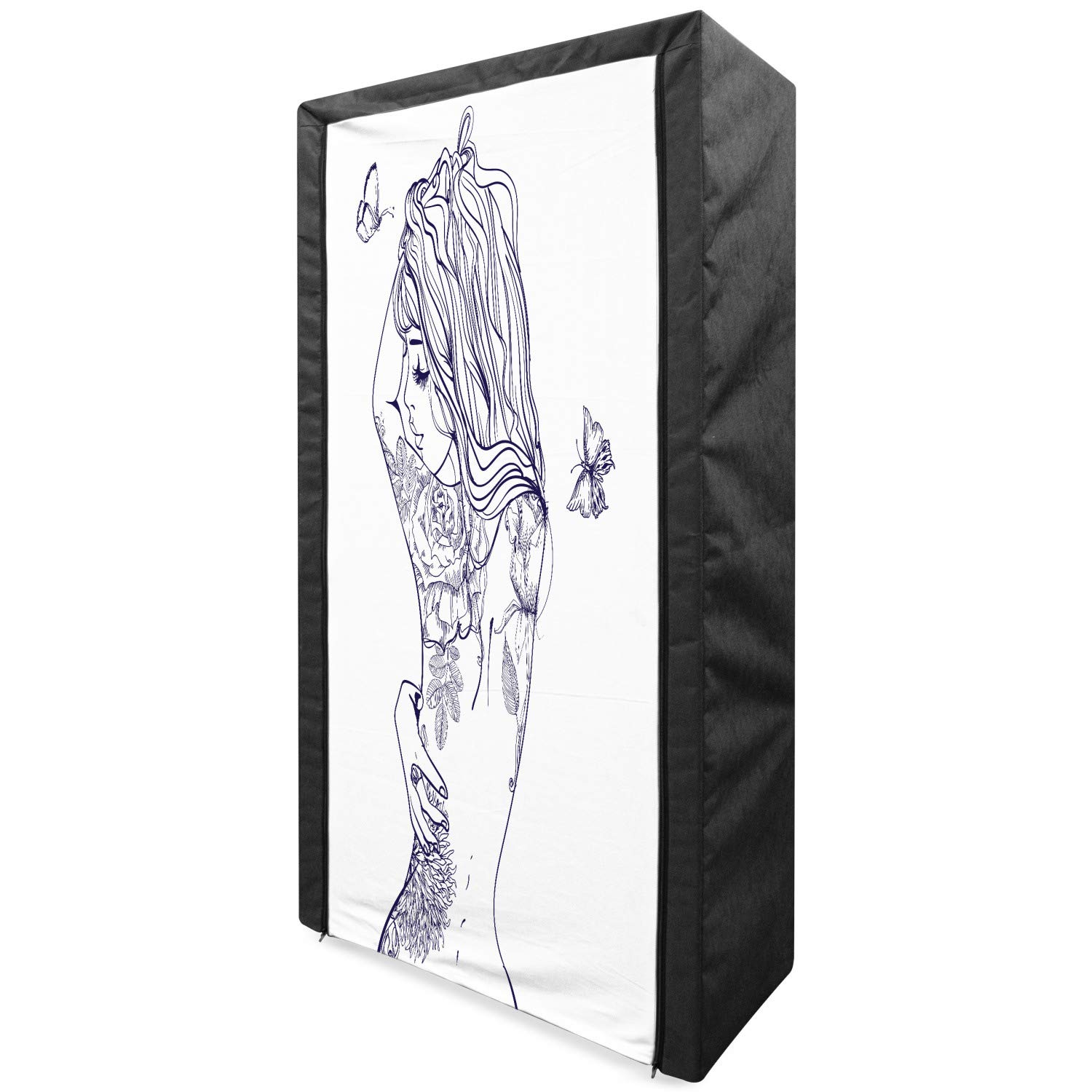 Ambesonne Fashion Portable Fabric Wardrobe with Shelves - 33.5 Inch Clothing Organizer & Storage Closet for Girls Room, Butterfly Tattoo Design in Purple & White | Perfect for Bedroom, Dorm, or Travel Use