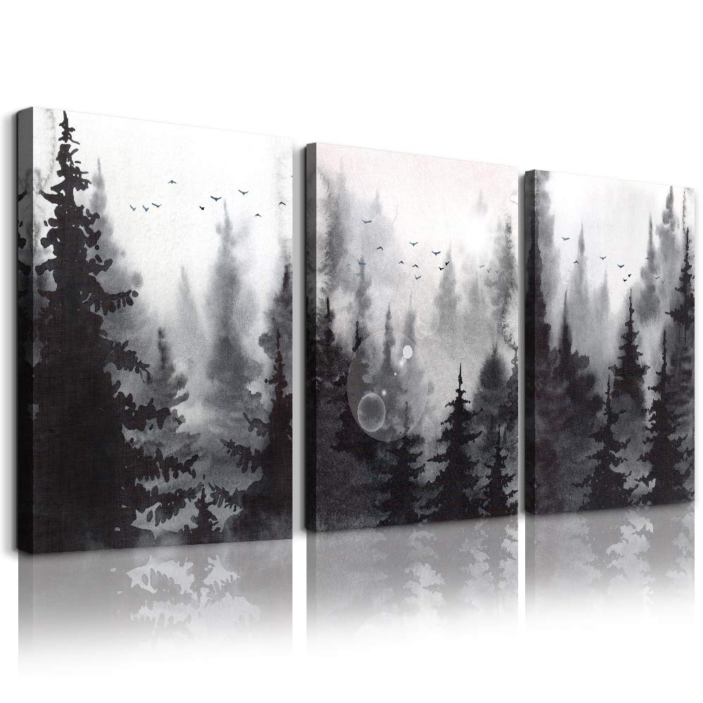 Scenic Watercolor Painting Set of 3 - Black & White Forest Landscape Canvas Wall Art for Living Room, Bedroom & Office Decor | Modern Home Decoration Posters & Prints | Perfect for Housewarming Gifts & Interior Design Projects