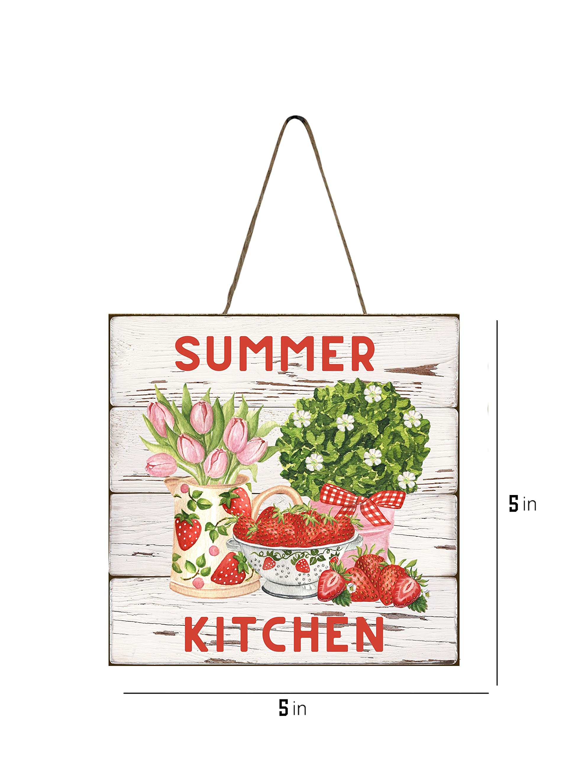 5x5 Inch Summer Kitchen Strawberries Wooden Mini Sign - Rustic Farmhouse Decor for Kitchen, Dining Room, or Outdoor Party