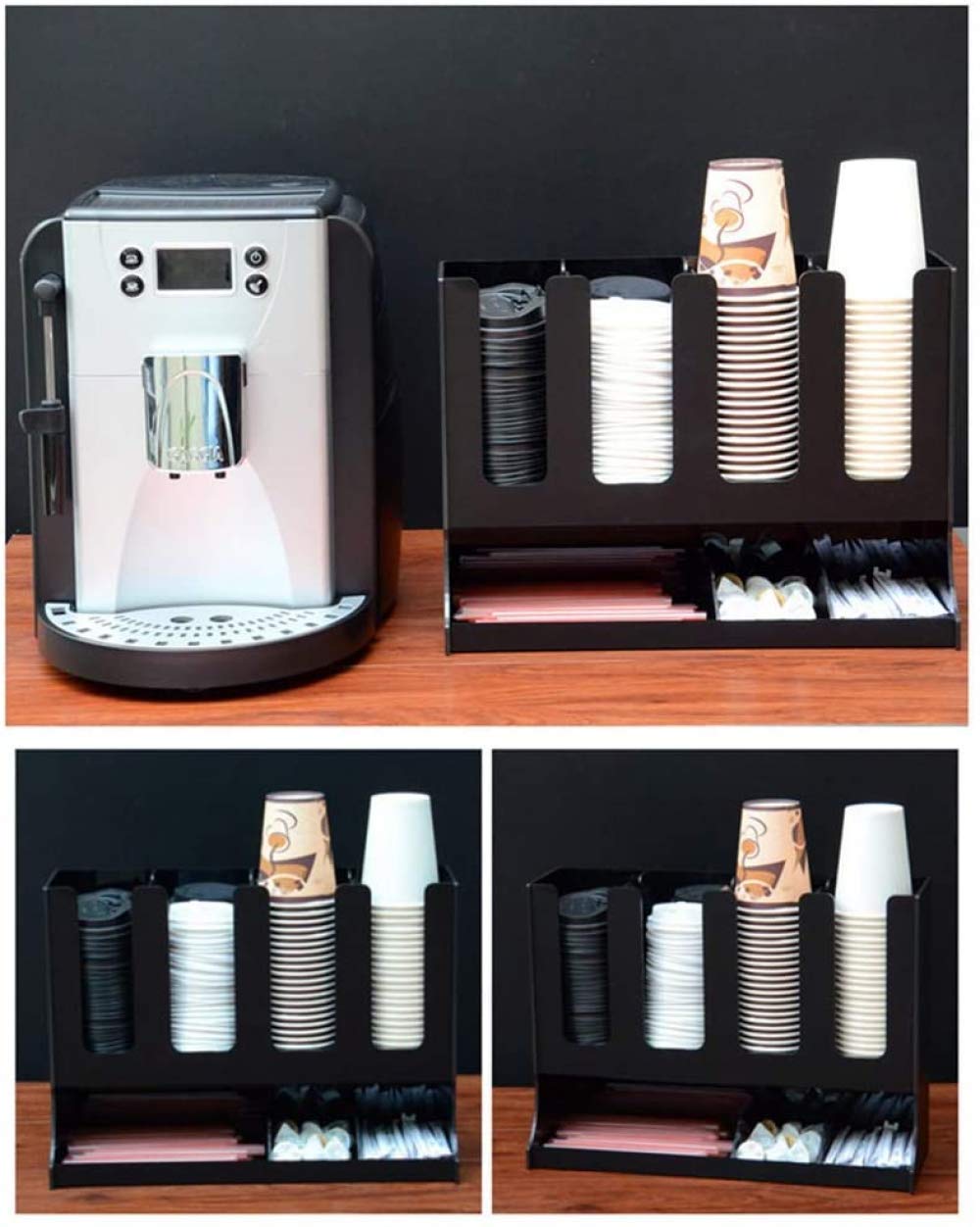 Qiuqiu Paper Cup Lid Holder - Upright Coffee Condiment & Cup Dispenser Organizer - Take-Out Cup Storage Rack for Cafe, Home, Wedding, Party, Buffet (Black) - Perfect for Coffee Shops & Event Catering
