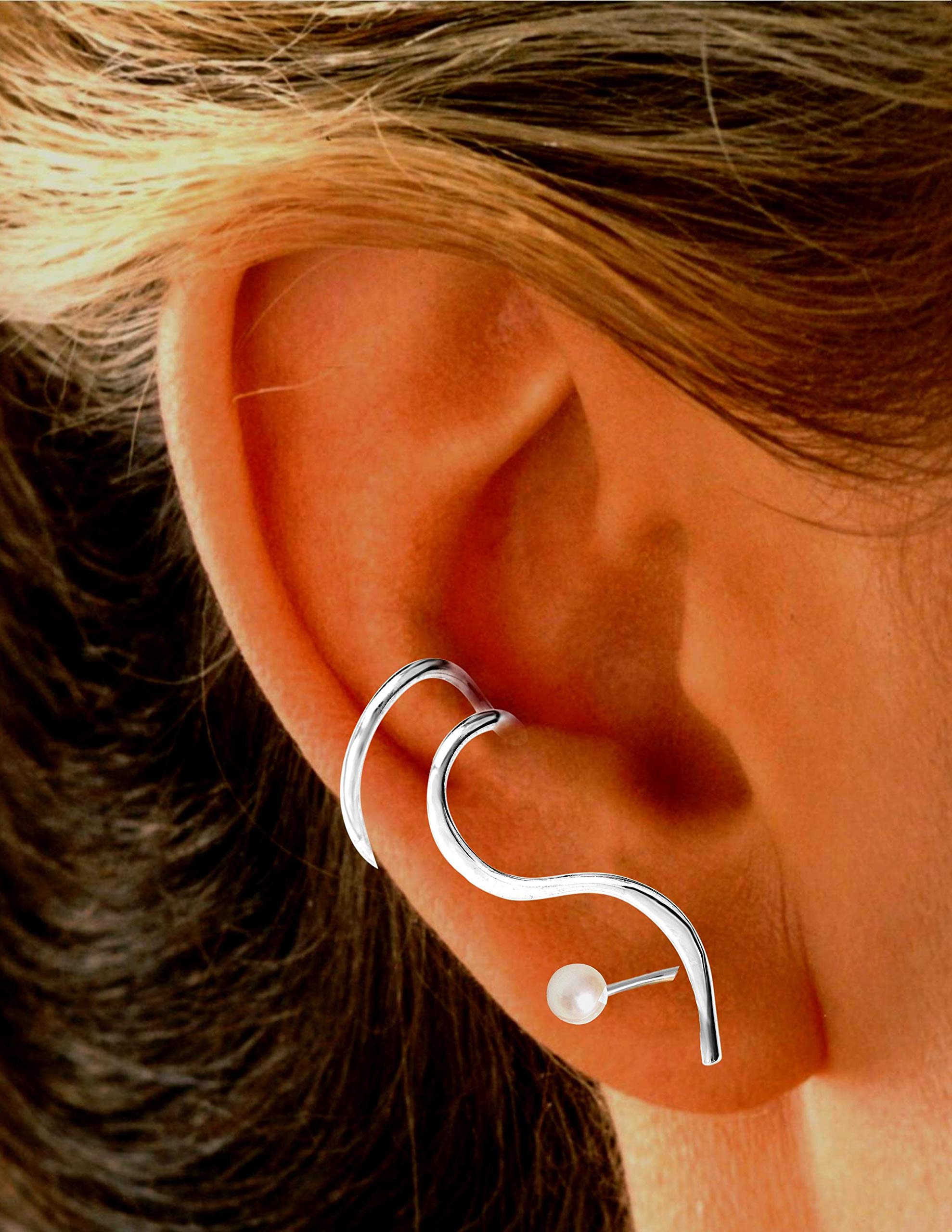 Ear Charms® 'One-Liner™' Non-Pierced Ear Cuff - Silver Rhodium Plated Right Earring Jacket - Perfect for Parties, Weddings & Everyday Fashion