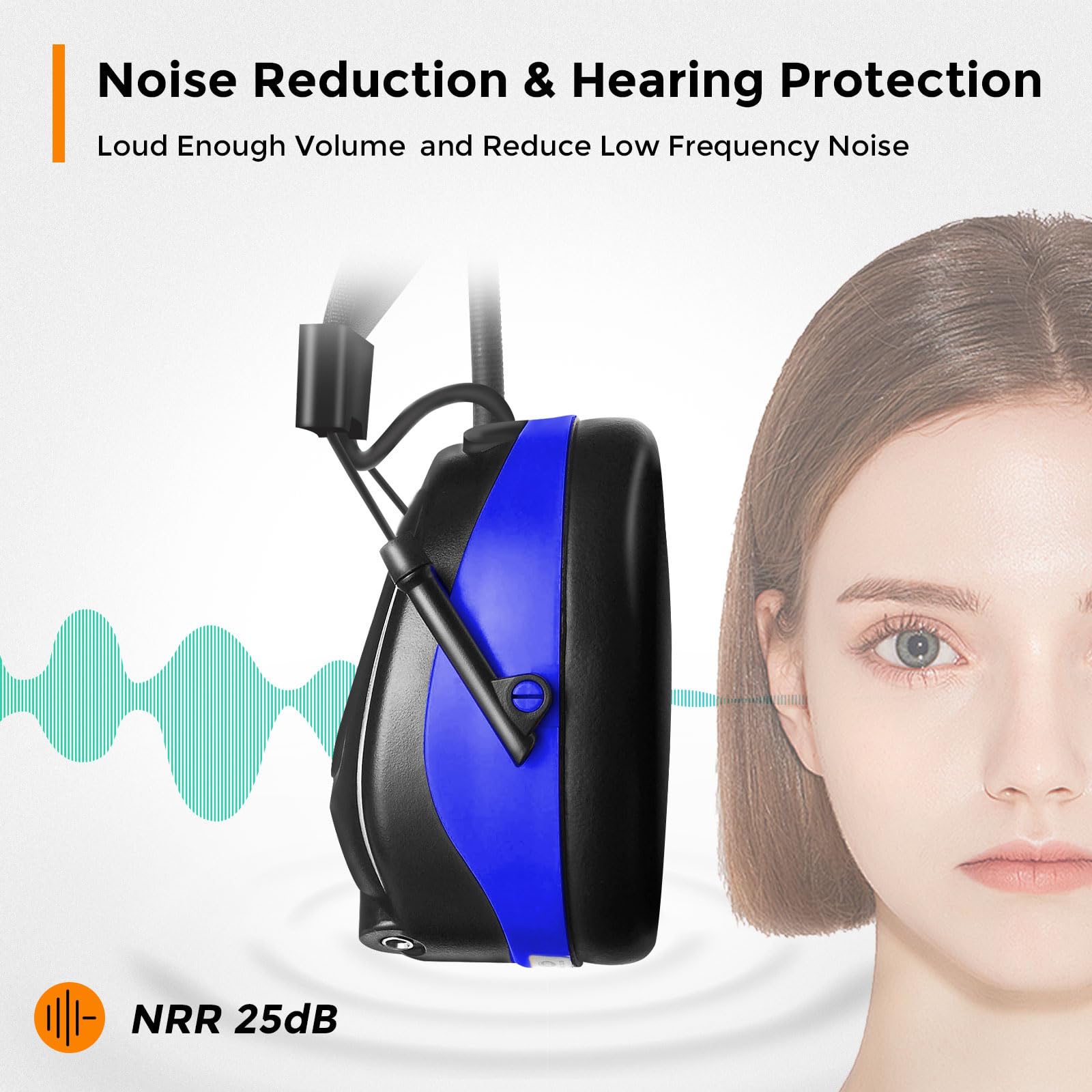 Wireless AM/FM Bluetooth Safety Headphones with 25dB Noise Reduction, Digital Display & Built-in Mic - Rechargeable Hearing Protection Earmuffs for Lawn Mowing, Construction Work, Workshop & Outdoor Activities (Blue)