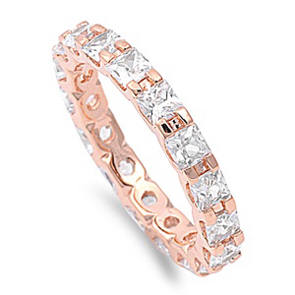 14K Rose Gold Plated Sterling Silver Princess Cut Cubic Zirconia Eternity Ring Band - 3MM Width, Sizes 4-12 - Perfect for Weddings, Anniversaries & Romantic Gifts