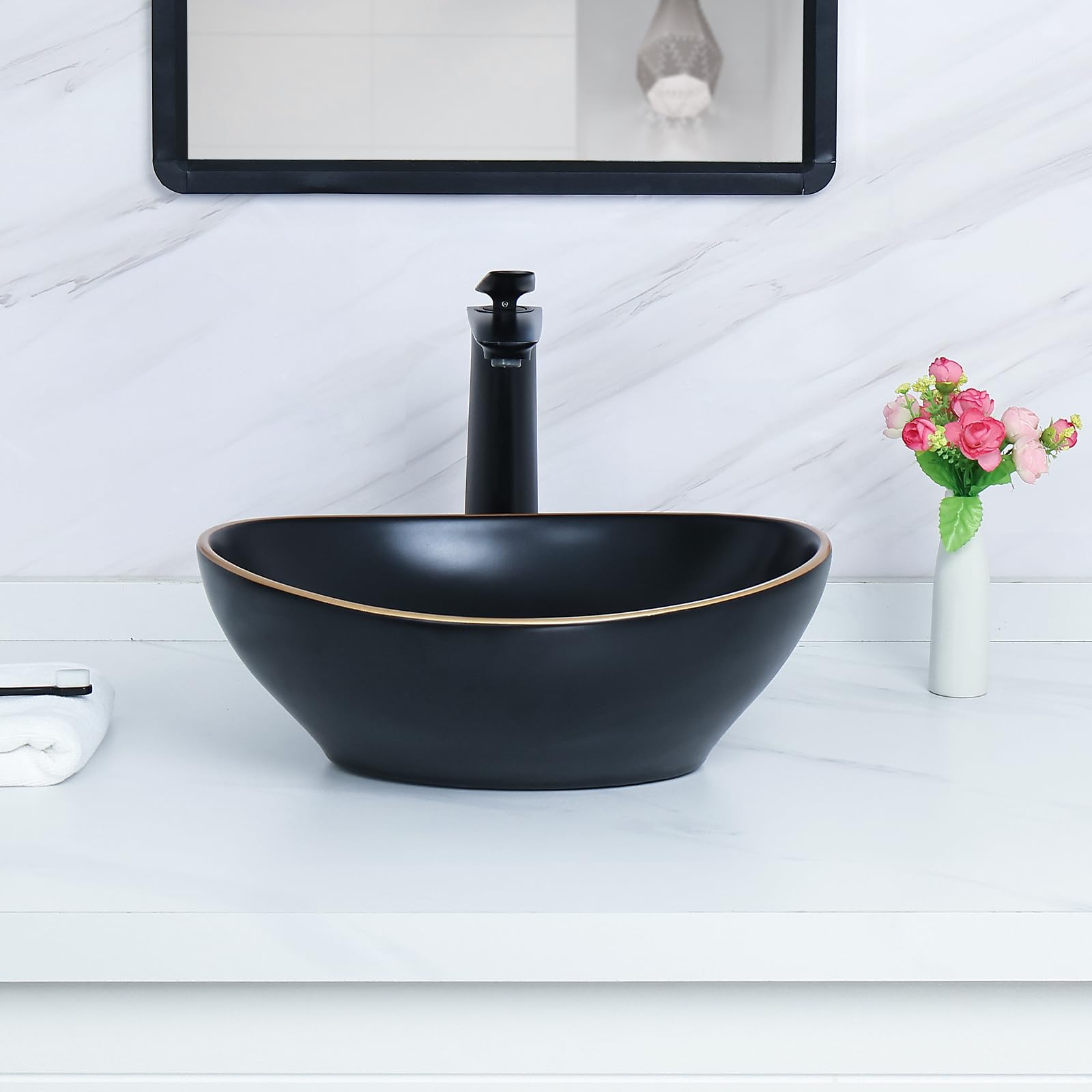 Matte Black Oval Vessel Sink with Gold Trim for Bathroom Countertop - Ceramic Above Counter Sink for Modern Bathrooms