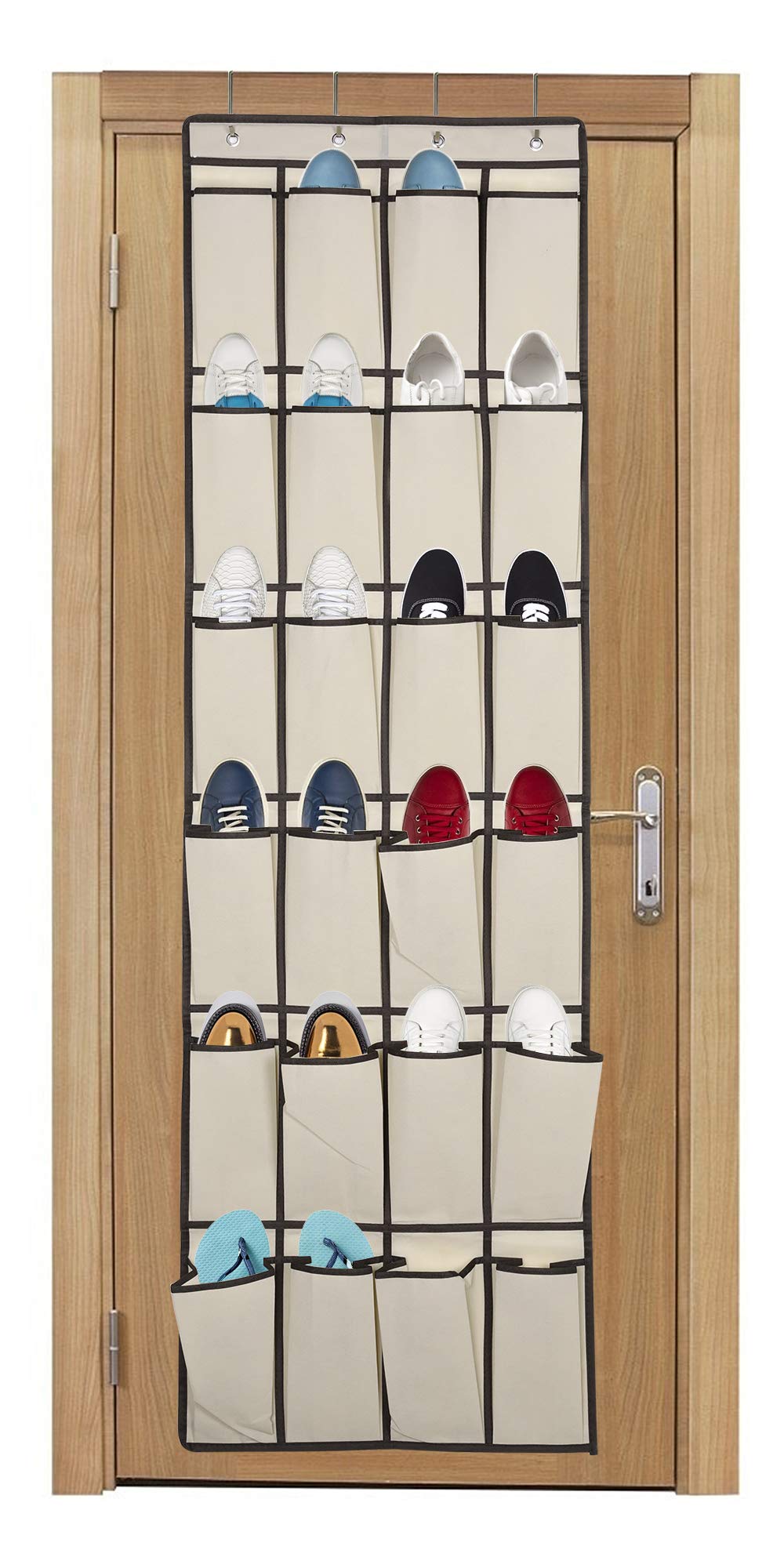 LAIGOO Over the Door Hanging Shoe Organizer - 24 Large Fabric Pockets Shoe Storage Rack with 4 Hooks for Closet, Bedroom, Bathroom & Pantry (60 x 20 inches, Beige) - Perfect for Small Space Organization & Shoe Display