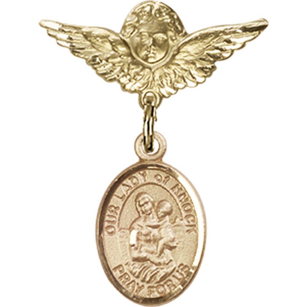 Gold Filled Baby Badge Pin with Our Lady of Knock Charm & Angel Wing Charm - 1 x 3/4 Inch Religious Jewelry for Baptism, First Communion & Baby Blessing Gifts