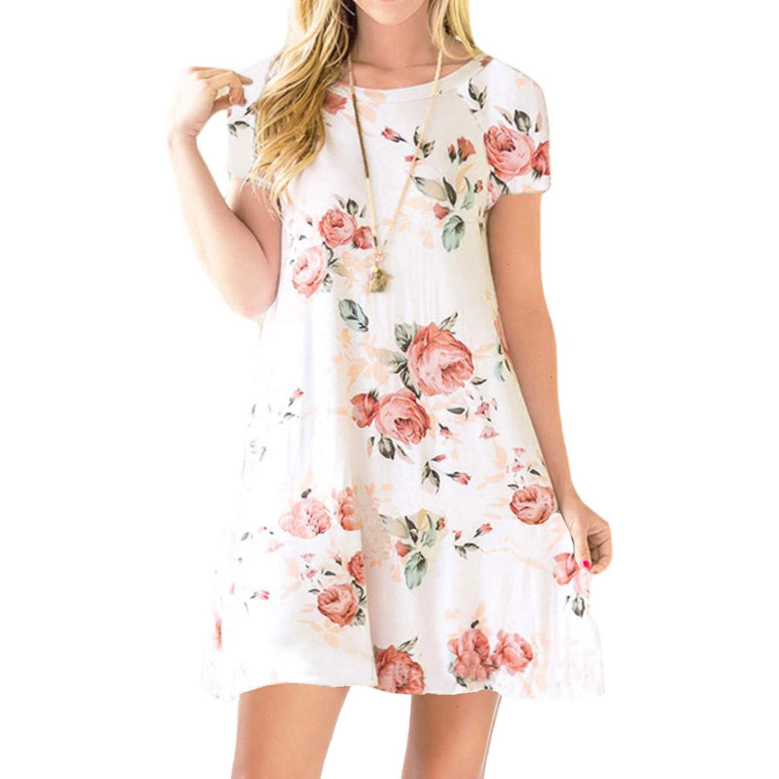 Floral Print Summer Dress for Women - Short Sleeve Crewneck Mini Dress with Pocket | Breathable & Comfortable Casual Dress | Perfect for Beach, Vacation, and Everyday Wear