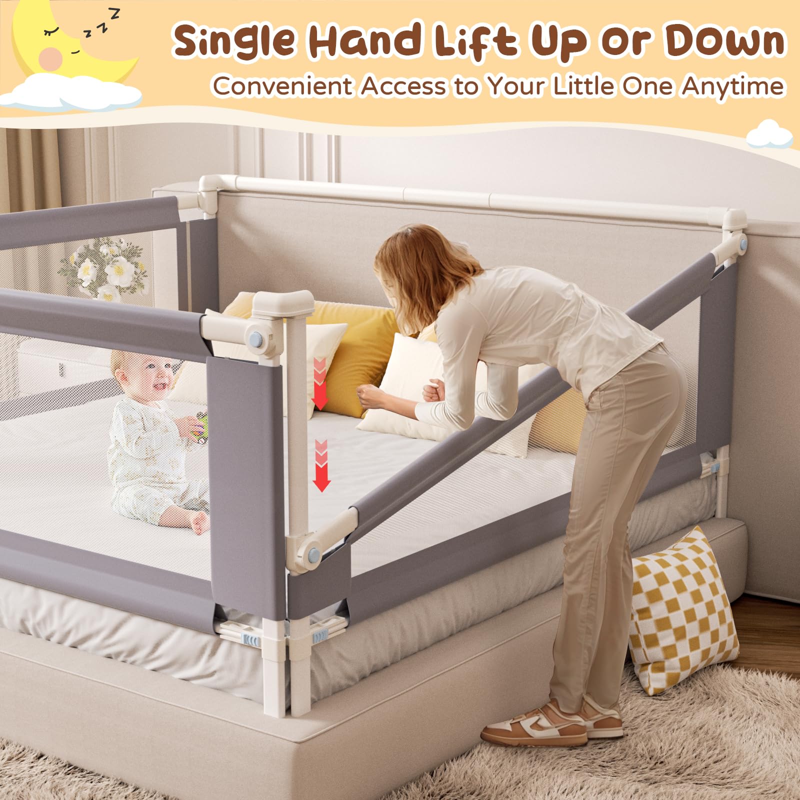 3-Piece King Size Bed Rail for Toddlers - Adjustable Safety Bed Guard for Kids & Baby, Anti-Roll Off Protection for King Beds - Perfect for Nursery, Daycare & Travel Use
