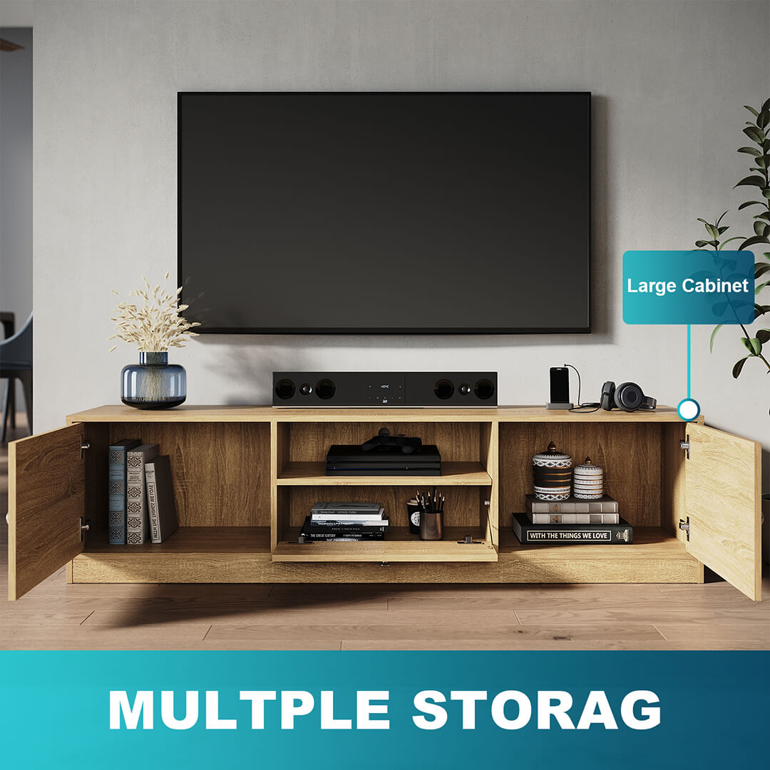 1600mm Natural Wood TV Stand with 1 Open Shelf & 3 Closed Cabinets - Modern Entertainment Center for Living Room, Bedroom, and Home Theater