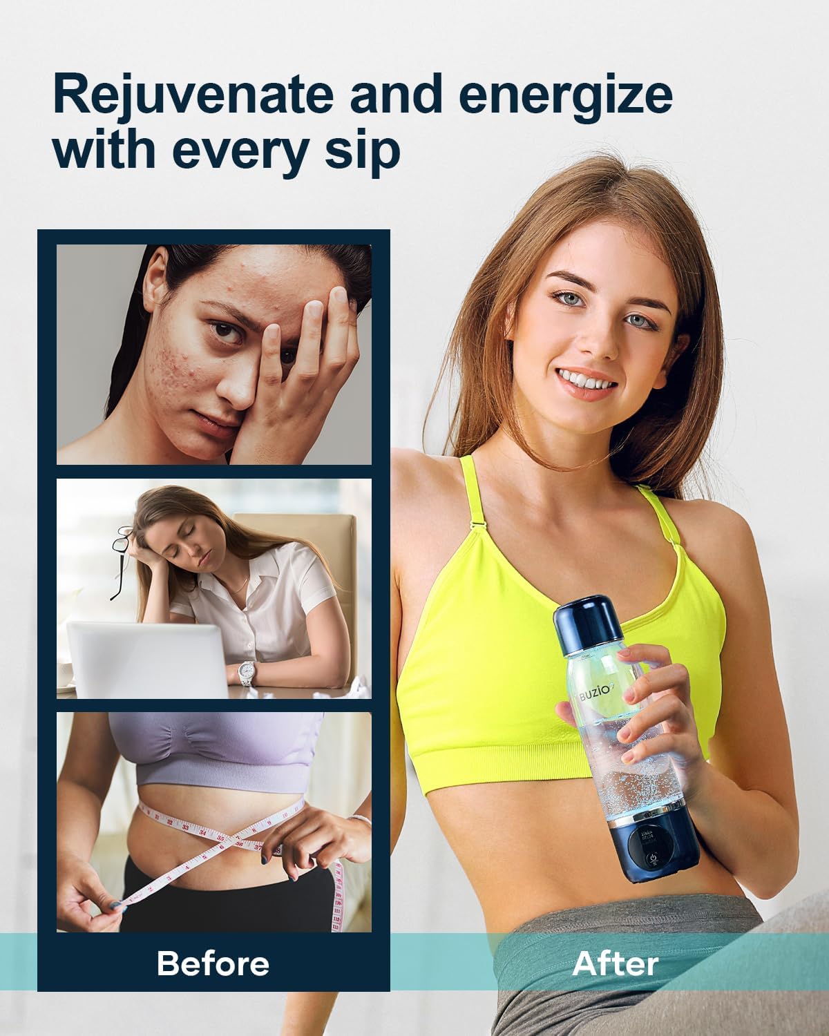 BUZIO 3800ppb Hydrogen Water Bottle Generator with Gen5 SPE/PEM Technology - Portable Alkaline Water Bottle for Athletic Performance, DuPont Membrane & OLED Display - Perfect for Gym, Hiking and Daily Hydration