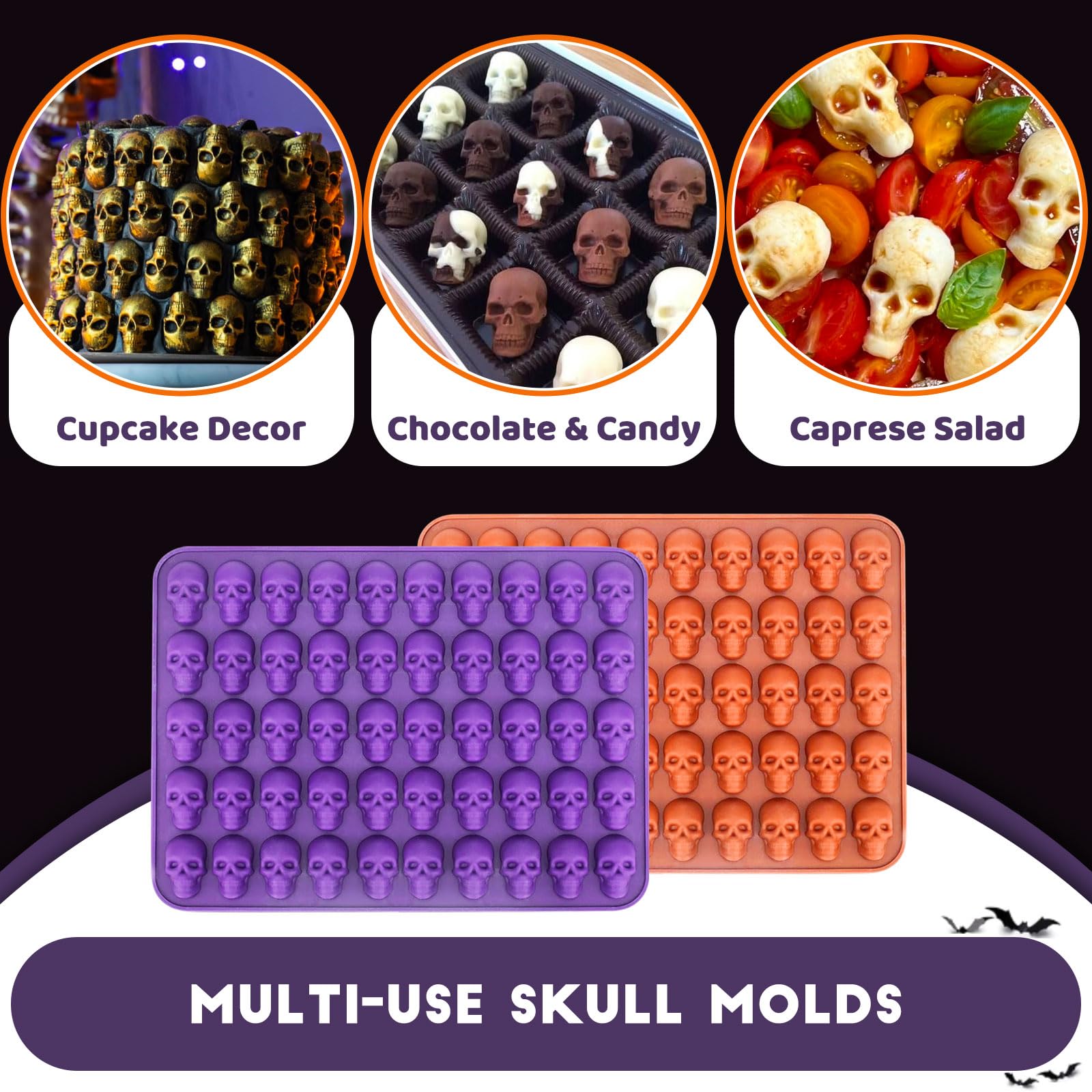 Mini Silicone Skull Molds for Halloween Candy, Chocolate & Gummy - 100 Cavity 2-Piece Set, BPA Free, Oven Safe - Perfect for DIY 3D Cookies, Wax Melts, Party Treats & Homemade Halloween Decorations