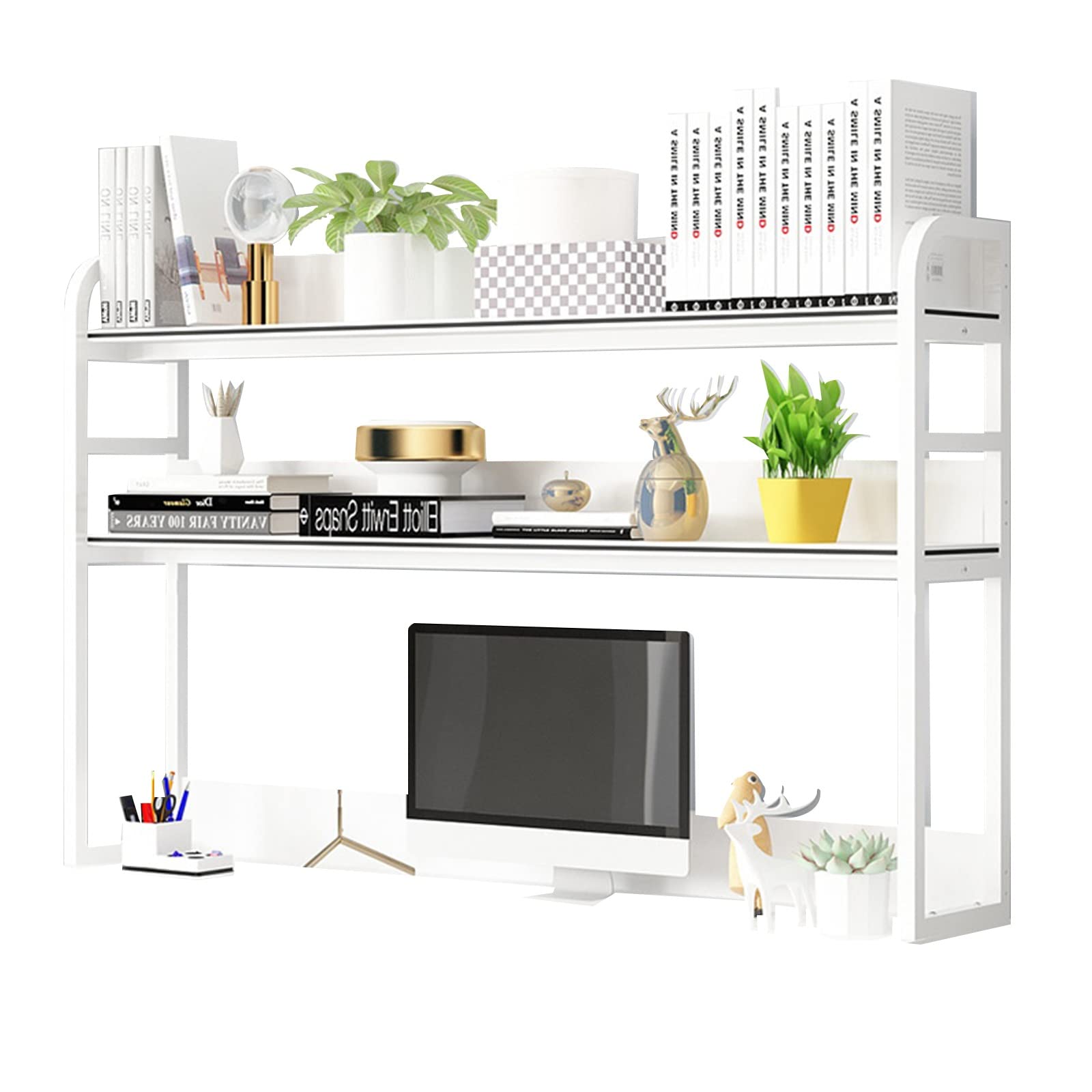 FPIGSHS 2-Tier Adjustable Countertop Hutch Bookshelf - Wood & Metal Desktop Storage Organizer for Office, Home, Dorm - Perfect for Displaying Books, Decor & Office Supplies (120cm, Color E)