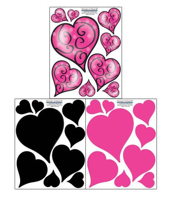 Swirly Pink & Black Heart Wall Decals - Removable Vinyl Stickers for Bedroom, Nursery, Kids Room Decor - Perfect for DIY Home Decor & Party Backdrops
