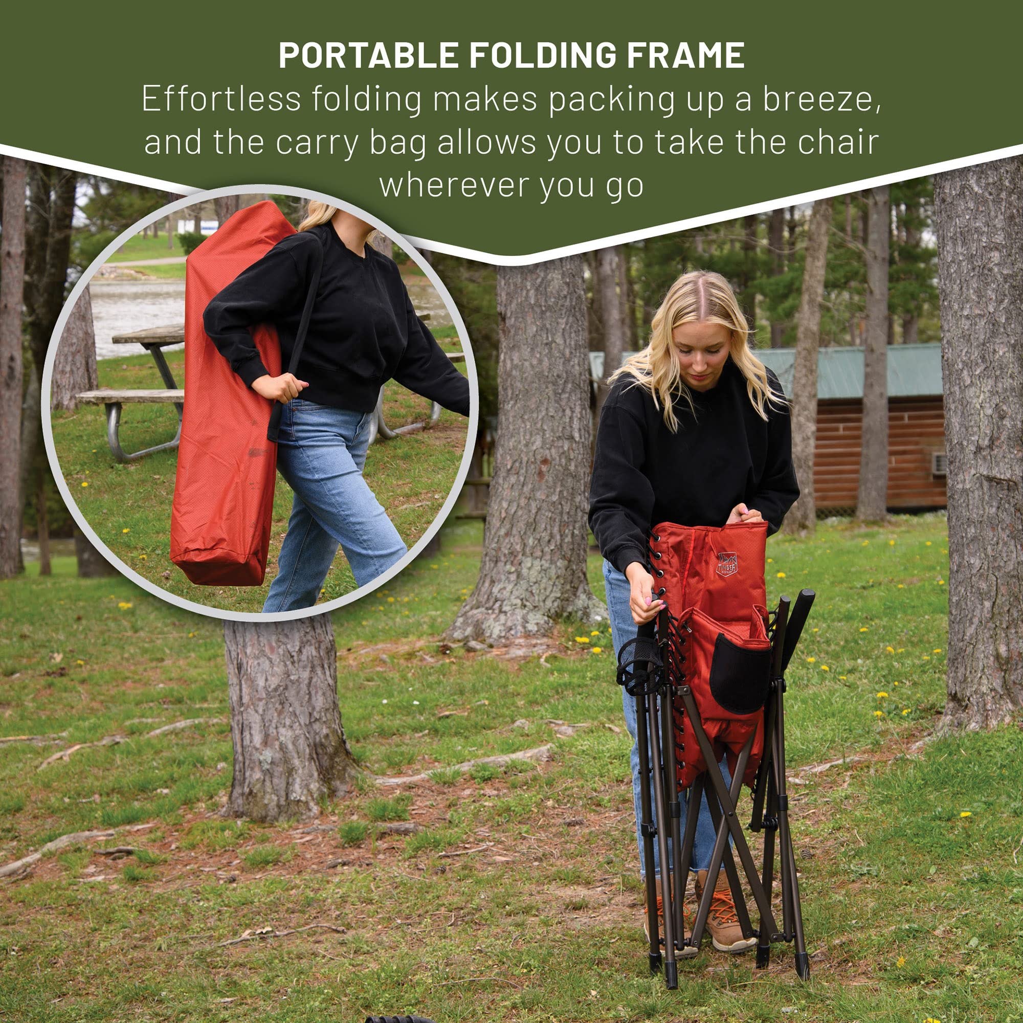 TIMBER RIDGE Heavy Duty Folding Camping Chair for Adults - 300 lbs Weight Capacity, Padded Seat with Armrests & Cup Holder, Portable Collapsible Outdoor Chair for Camping, Beach, Fishing, Picnics, Backyard, Lawn & Tailgating - Red