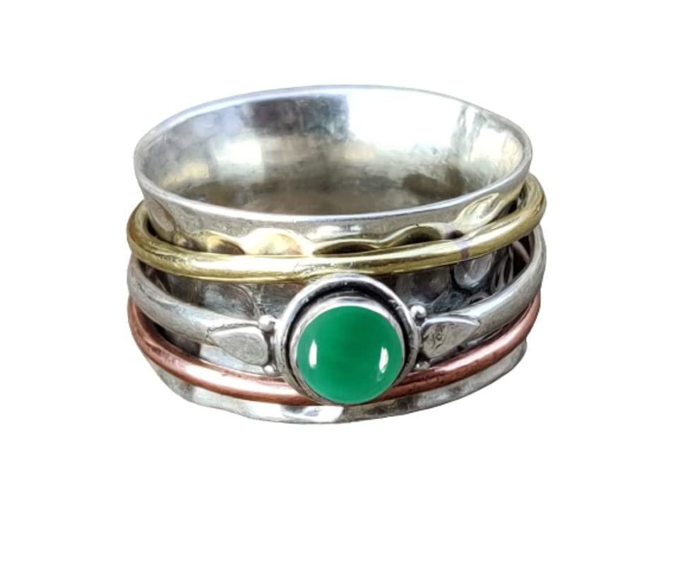 Green Onyx Spinner Ring for Women - Handmade Silver Meditation & Anxiety Relief Ring - Unique Spinning Statement Band Jewelry - Perfect for Stress Relief, Mindfulness Practice & Fashion Accessories