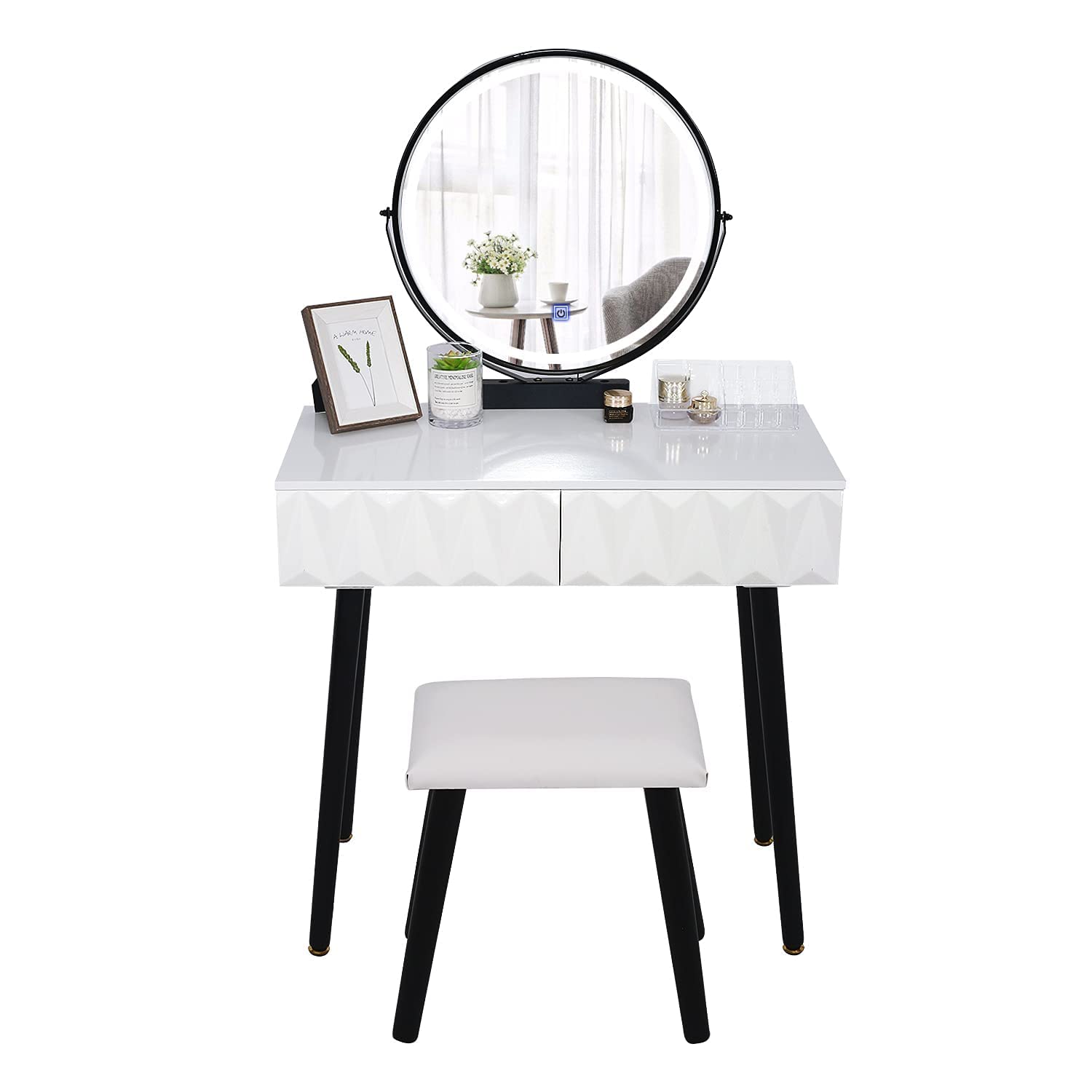 Fullwatt Vanity Table with Adjustable Brightness LED Mirror & Cushioned Stool - Modern Dressing Table Makeup Organizer for Bedroom (Black & White) - Perfect for Home Beauty Routine & Makeup Application