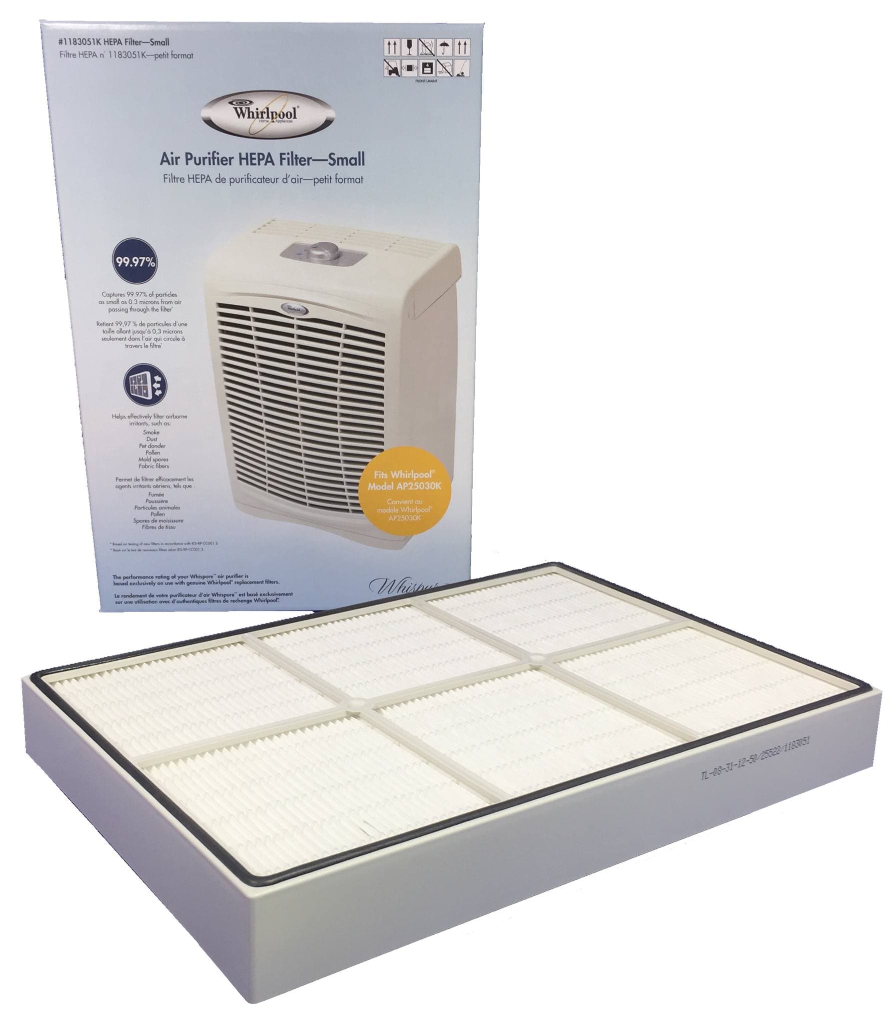 Whirlpool 1183054K Genuine HEPA Replacement Filter - Compatible with Whispure AP450 & AP510 Air Purifiers - Improves Indoor Air Quality for Allergy Relief & Cleaner Breathing
