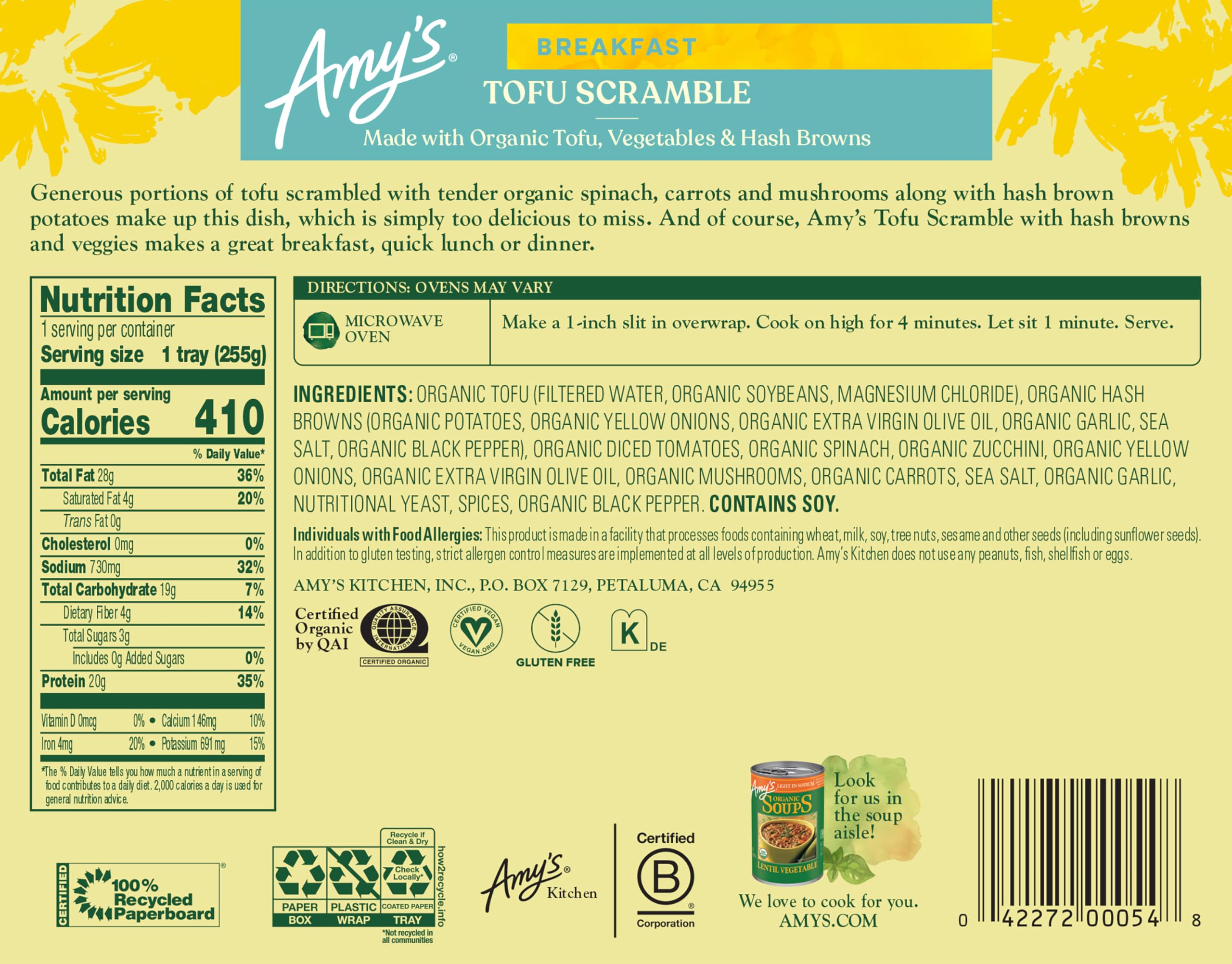 Amy's Vegan Tofu Scramble Frozen Meal - Organic Tofu with Vegetables & Hash Browns - Gluten Free, Microwave Ready - 9 Oz - Perfect for Quick Lunches, Office Meals & Healthy Vegan Dinners
