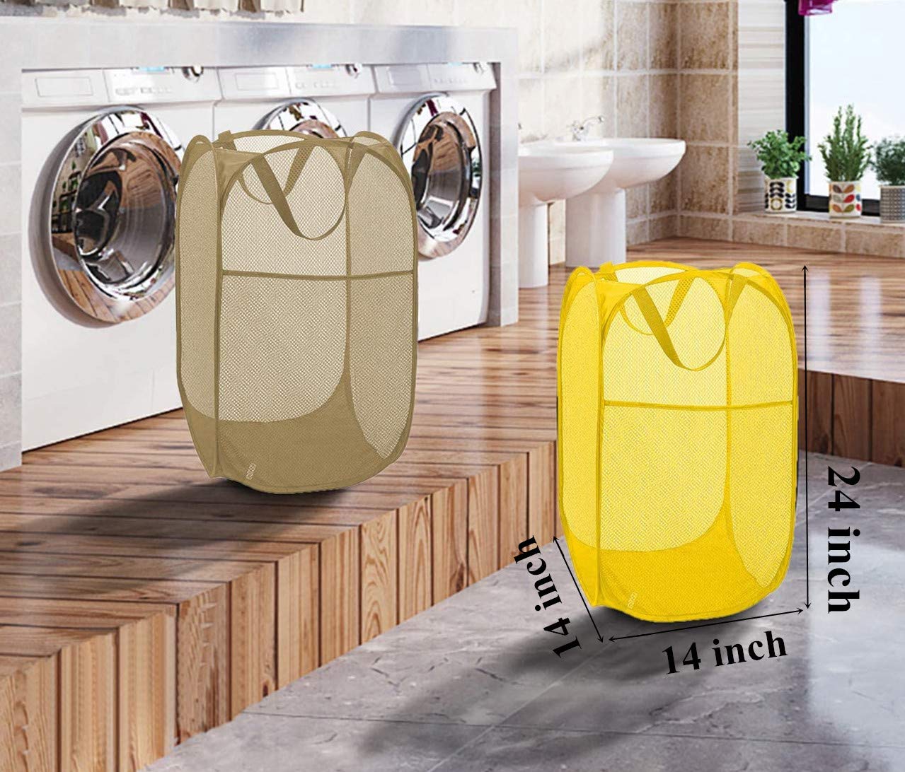 Foldable Mesh Laundry Hamper with Large Pocket - Portable Pop-Up Clothes Basket for College Dorm, RV & Travel - Yellow Rectangle Organizer Bin for Bedroom, Bathroom & Camping
