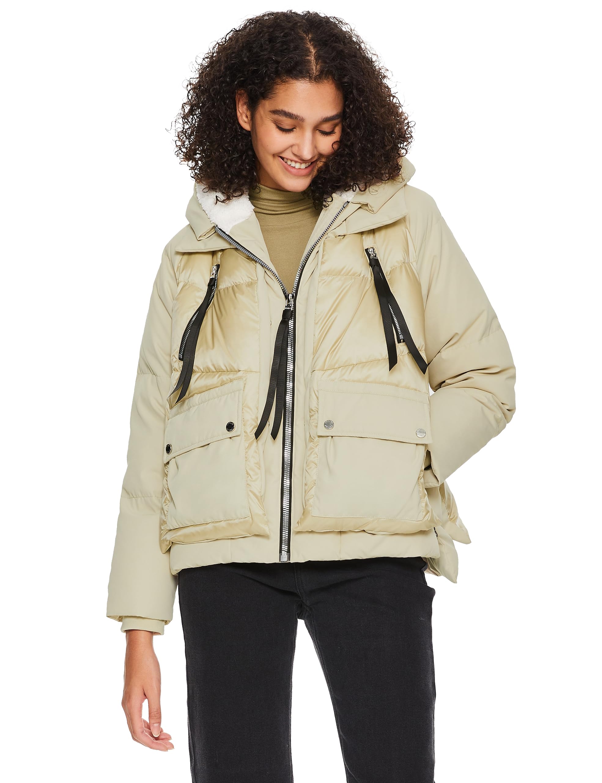 Orolay Women's Cropped Puffer Jacket - Patchwork Down Coat with Stand Collar & Hood | Winter Fashion Outerwear with Pockets for Casual Outings & City Strolls