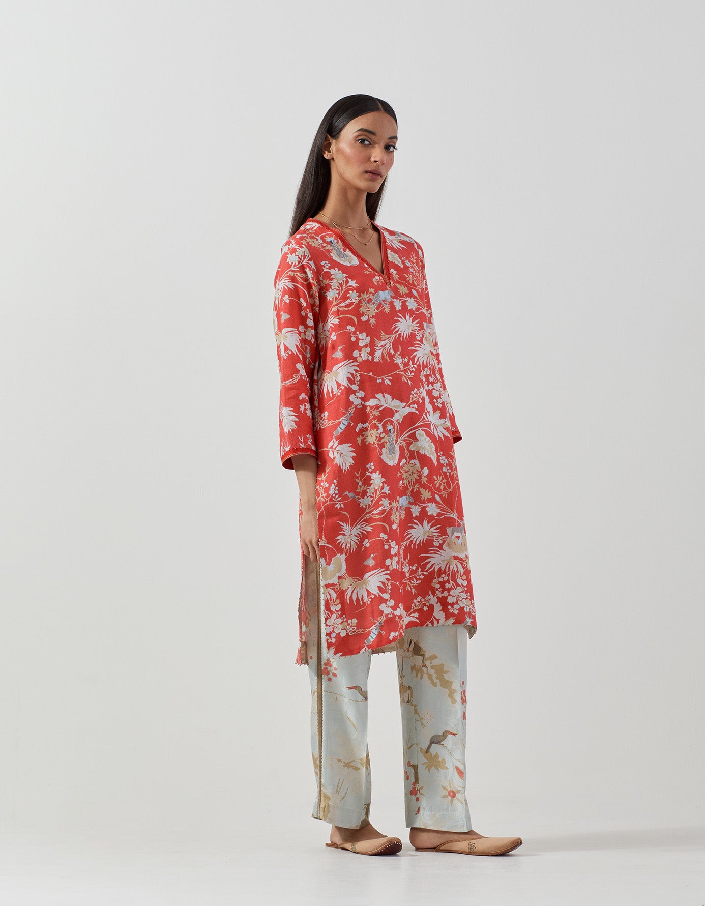 Stylish V Neck Kurta in Breathable Linen Fabric - Coral Red Color for Women | Perfect for Casual Wear, Summer Outfits, and Boho Fashion
