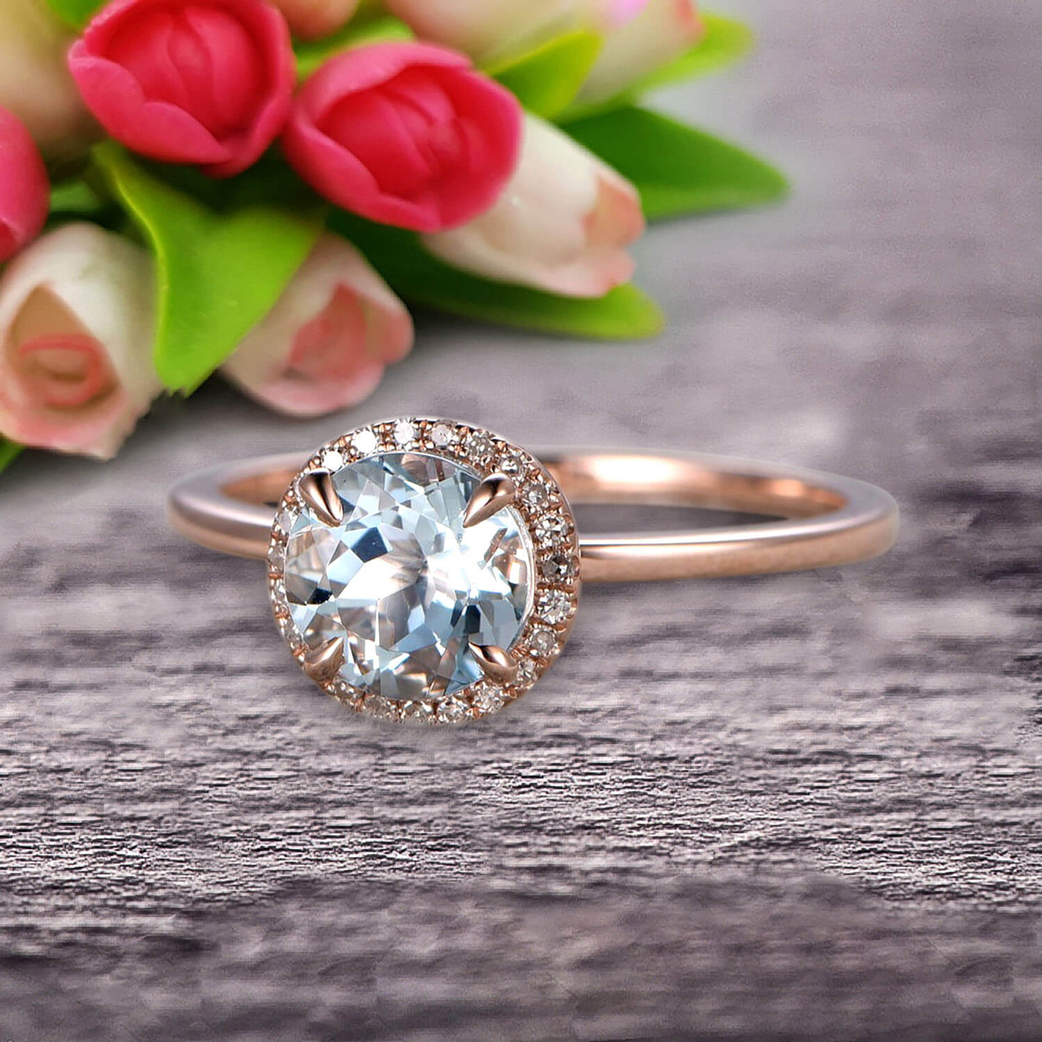 1.25 Carat Round Cut Aquamarine Engagement Ring in 10k Rose Gold with Halo Setting - Vintage Inspired Bridal Jewelry for Proposals, Anniversaries & Special Occasions