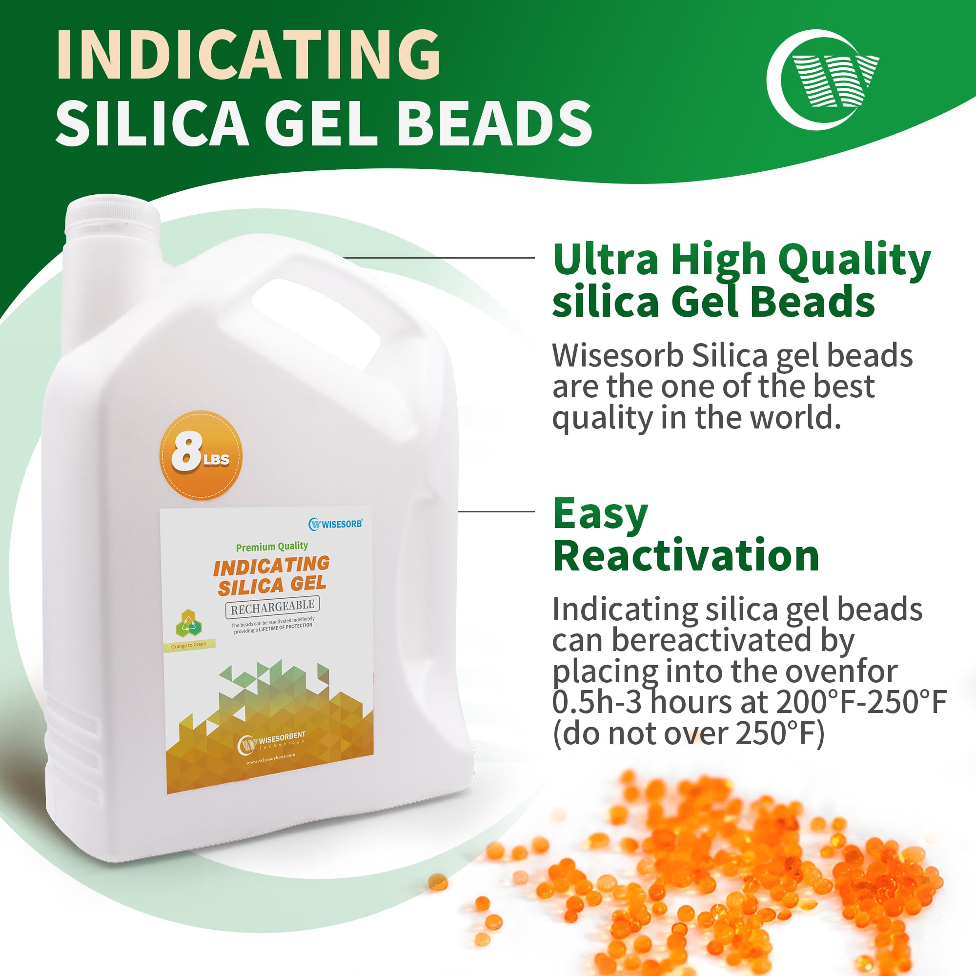 Wisesorb 24LBS Silica Gel Desiccant Beads - Orange to Green Moisture Indicator, Reusable Dehumidifier for Closet, Storage, Gun Safe & Electronics Protection