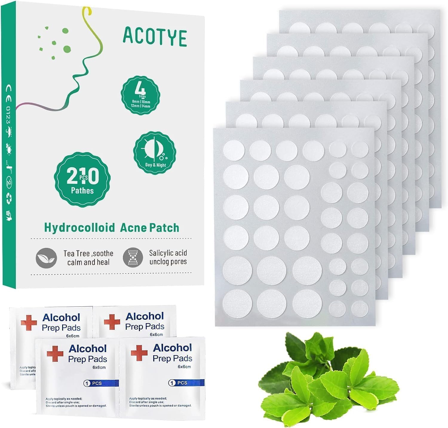210 Count Acne Patches for Face with Tea Tree Oil & Salicylic Acid - 4 Sizes Hydrocolloid Pimple Patches for Day & Night Use - Effective Zit Treatment for Teens & Adults (Home, Office, Travel)