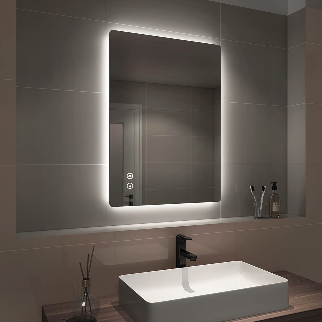 EMKE 800x600mm Bluetooth Bathroom Mirror with Shaver Socket & LED Backlight - Anti-Fog Demister Pad, Touch Control Vanity Mirror for Makeup & Shaving | Perfect for Modern Bathrooms, Luxury Hotels & Spa Decor