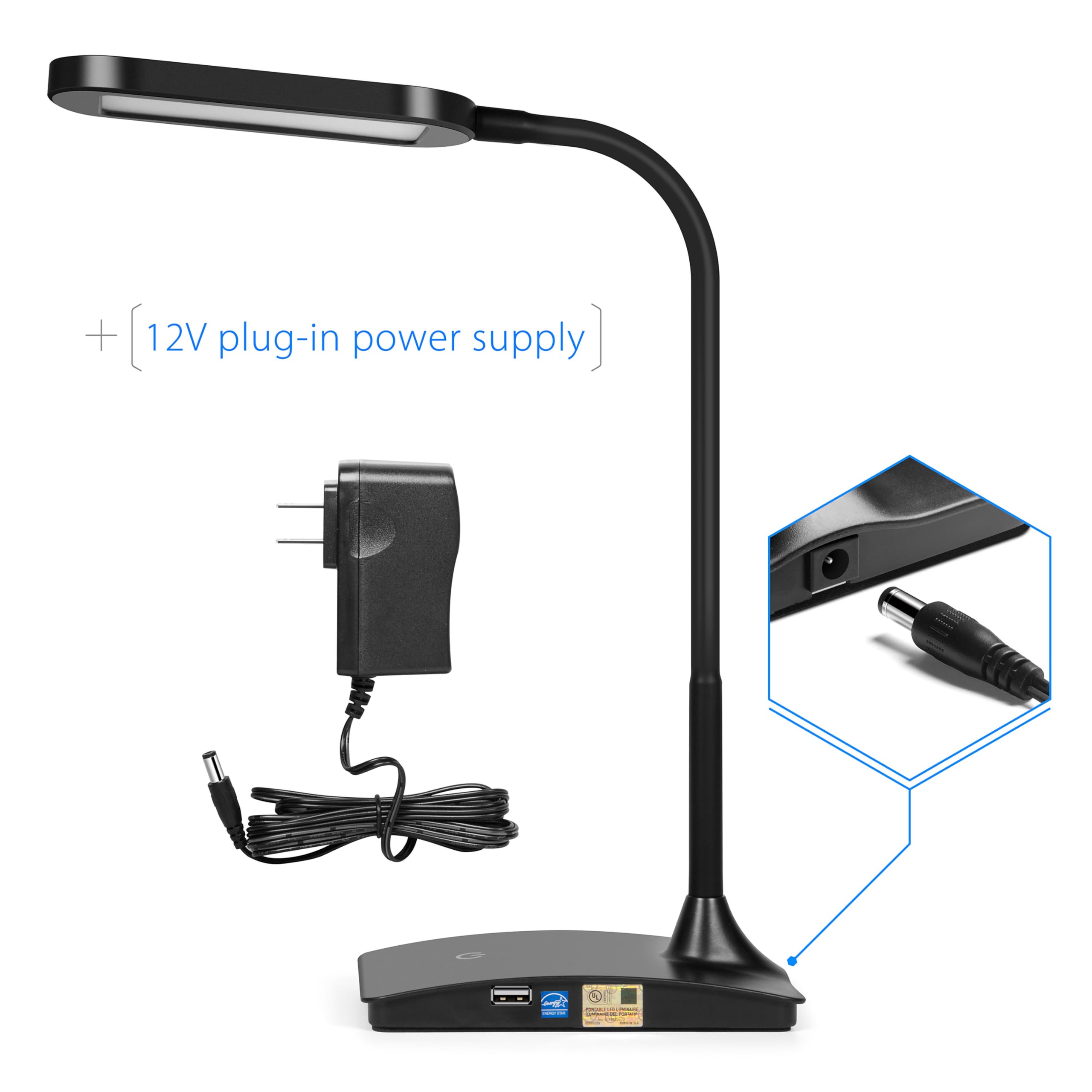 IVY20-40BK Ivy LED Desk Lamp with USB Charging Port - Super Bright Adjustable Study Light for Home Office, Bedroom Nightstand, Dorm Room & Reading | Energy Efficient Eye-Caring Task Lighting (Black)