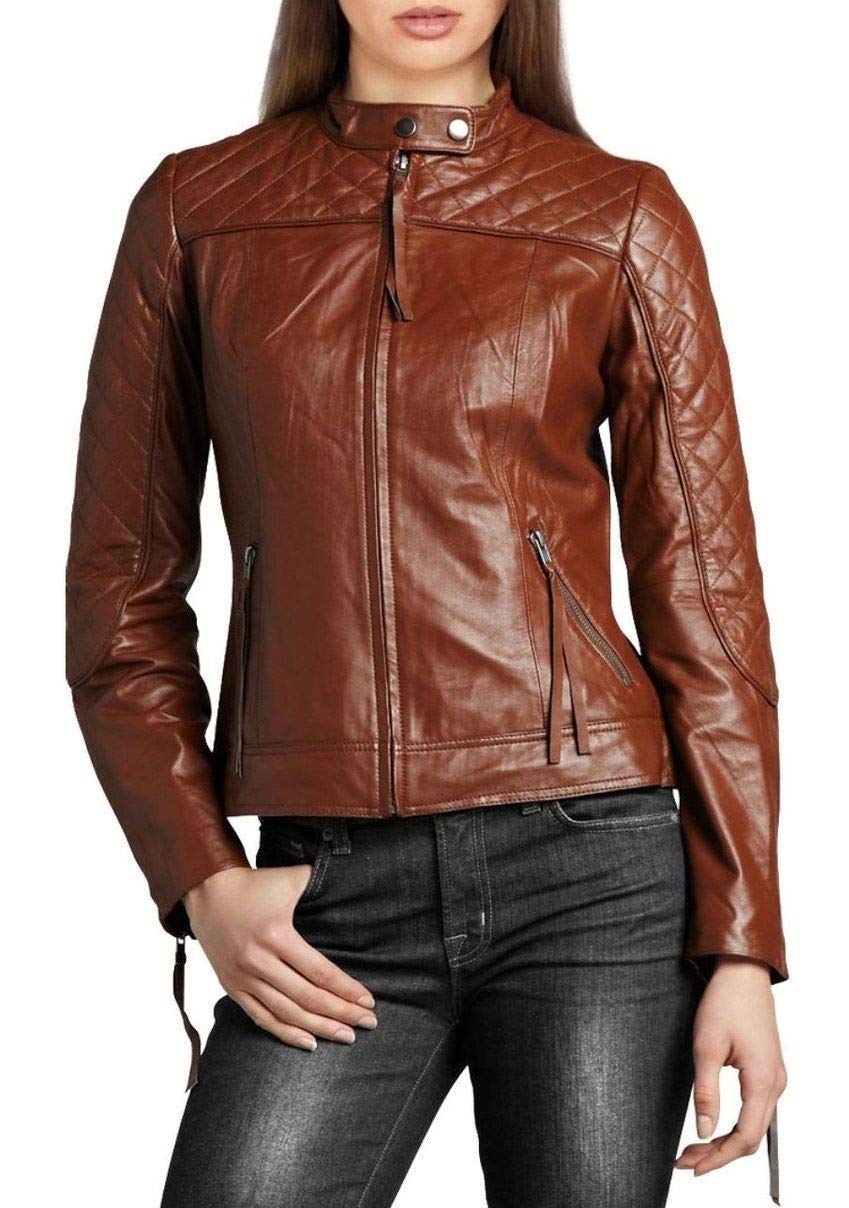 Women's Genuine Leather Motorcycle Jacket - Quilted Bomber Biker Jacket for Women, Stylish Brown Outerwear for Riding & Casual Wear