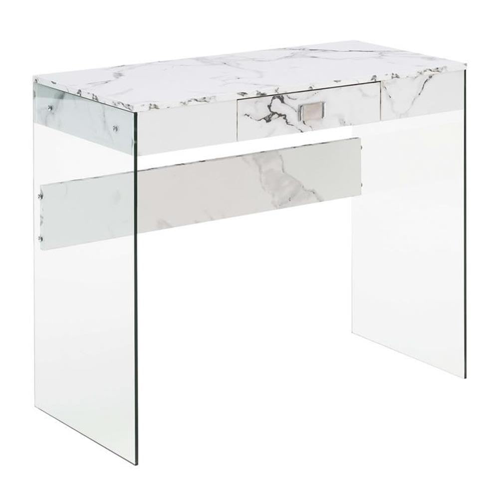 UrbanPro Contemporary 36-Inch Glass Desk with Clear Tempered Glass Top & White Faux Marble Base - Perfect for Home Office, Study Room, or Modern Workspace