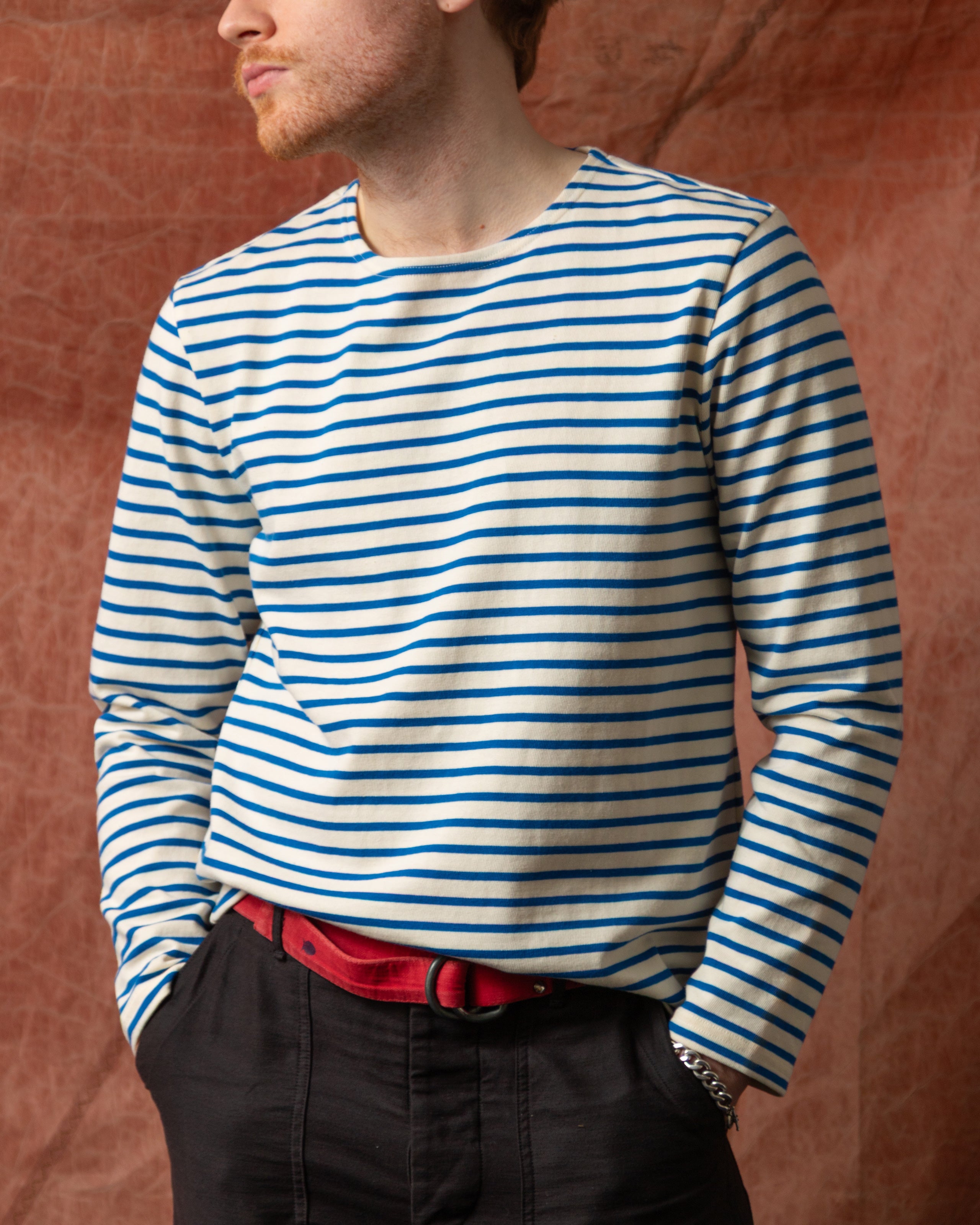 Men's Breton Stripe Boatneck T-Shirt - Off White & Atlantic Blue Cotton Crewneck Tee for Casual Wear, Weekend Outfits & French-Inspired Style