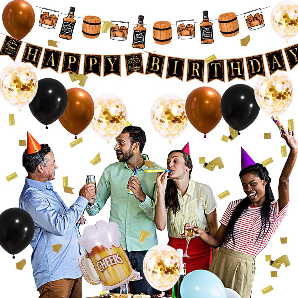 Aged to Perfection Whiskey Birthday Party Decorations for Men - Whiskey Themed Banner, Foil Balloons & Party Supplies - Perfect for Whiskey Lover's 30th, 40th, 50th Birthday Celebrations & Bourbon Tasting Events