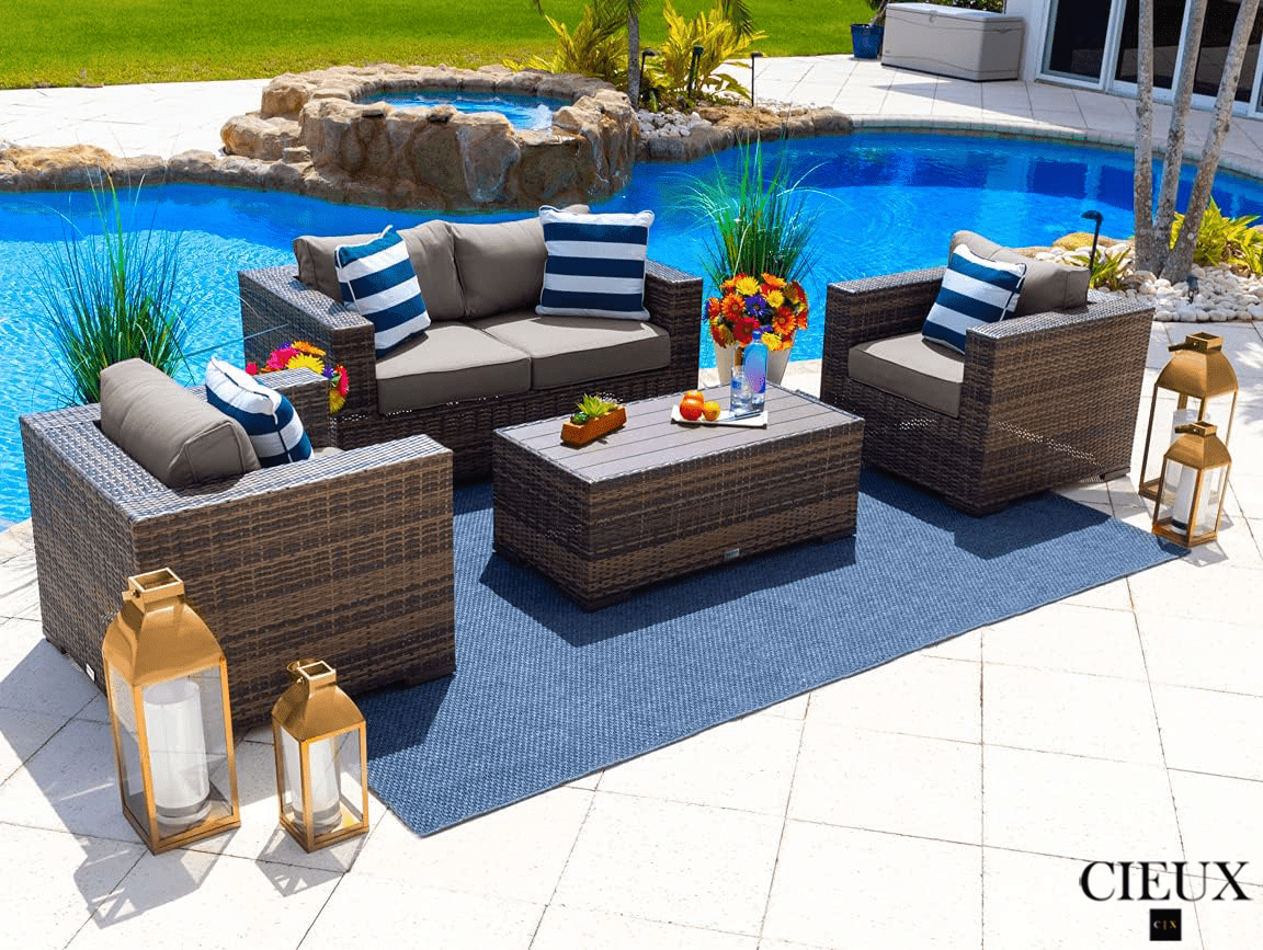 Valence Outdoor Patio Wicker Loveseat Conversation Set - Brown Rattan Sofa with Sunbrella Taupe Cushions for Garden, Poolside & Backyard Relaxation