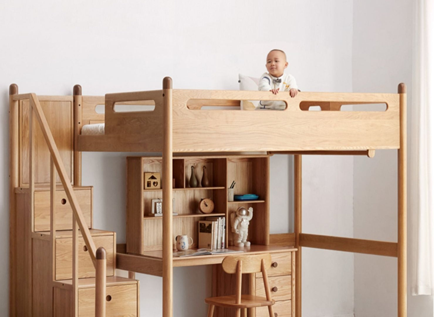 Solid Oak Wood Loft Bed with Storage Cabinet - Space-Saving Furniture for Small Rooms, Kids Bedroom & Dormitory