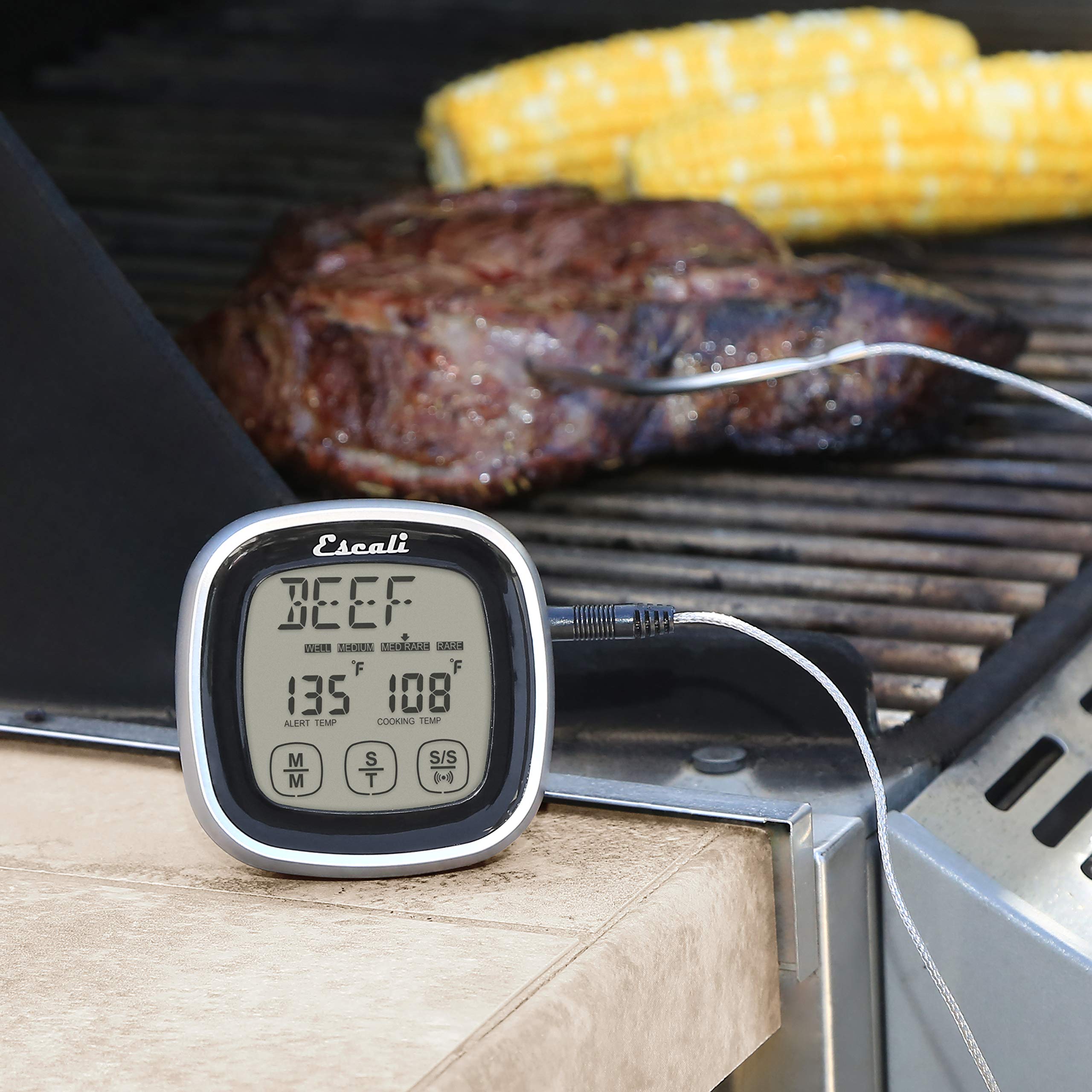 Escali Digital Kitchen Timer with Touch Screen LCD Display, Stainless Steel Probe & Temperature Alert - Oven Safe, Black - Perfect for Baking, Cooking, and Grilling