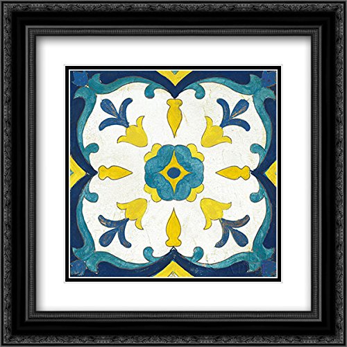 Silvia Vassileva 15x15 Black Ornate Framed Double Matted Museum Art Print - Andalucia Tiles Blue & Yellow Wall Decor for Living Room, Bedroom & Office