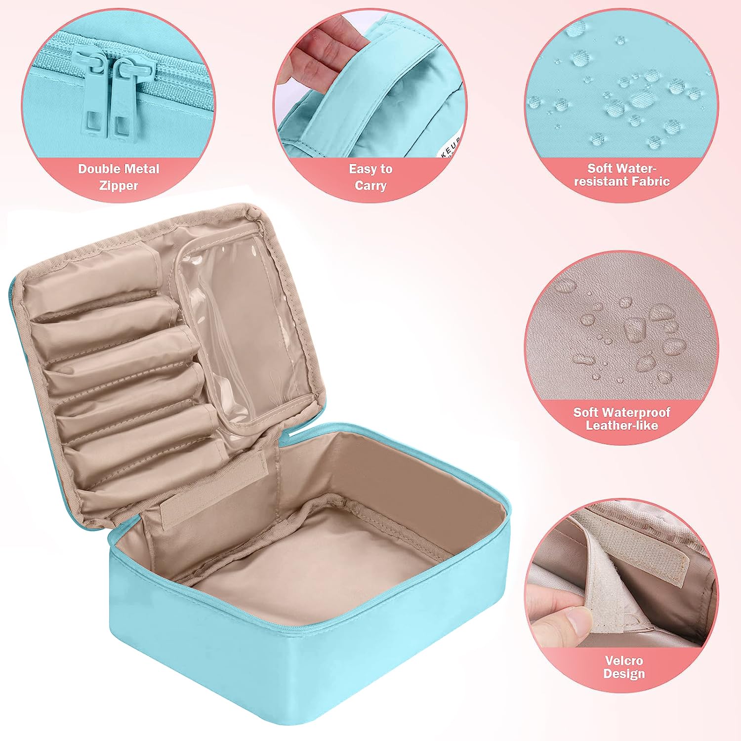 Waterproof Cute Makeup Organizer Bag with Multipocket & Detachable Zipper Pouch - Travel Cosmetic Bag with Brush Holder for Women & Girls (Blue) | Perfect for Travel, Gym, and Daily Makeup Storage