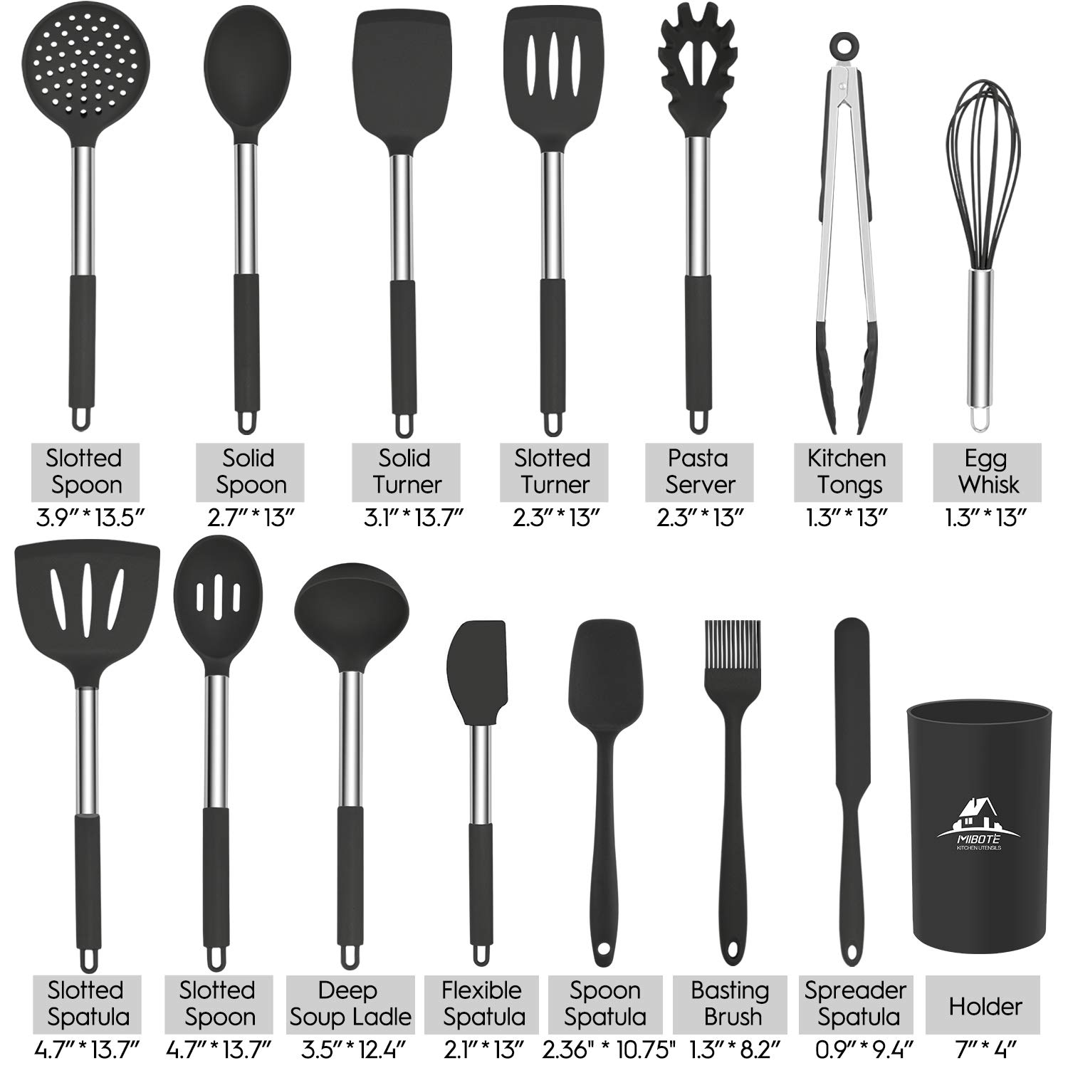 **MIBOTE 12-Piece Silicone Kitchen Utensils Set - BPA-Free, Heat Resistant Cooking Tools with Stainless Steel Handles - Perfect for Non-Stick Pans, Baking, and Everyday Cooking (Black)**