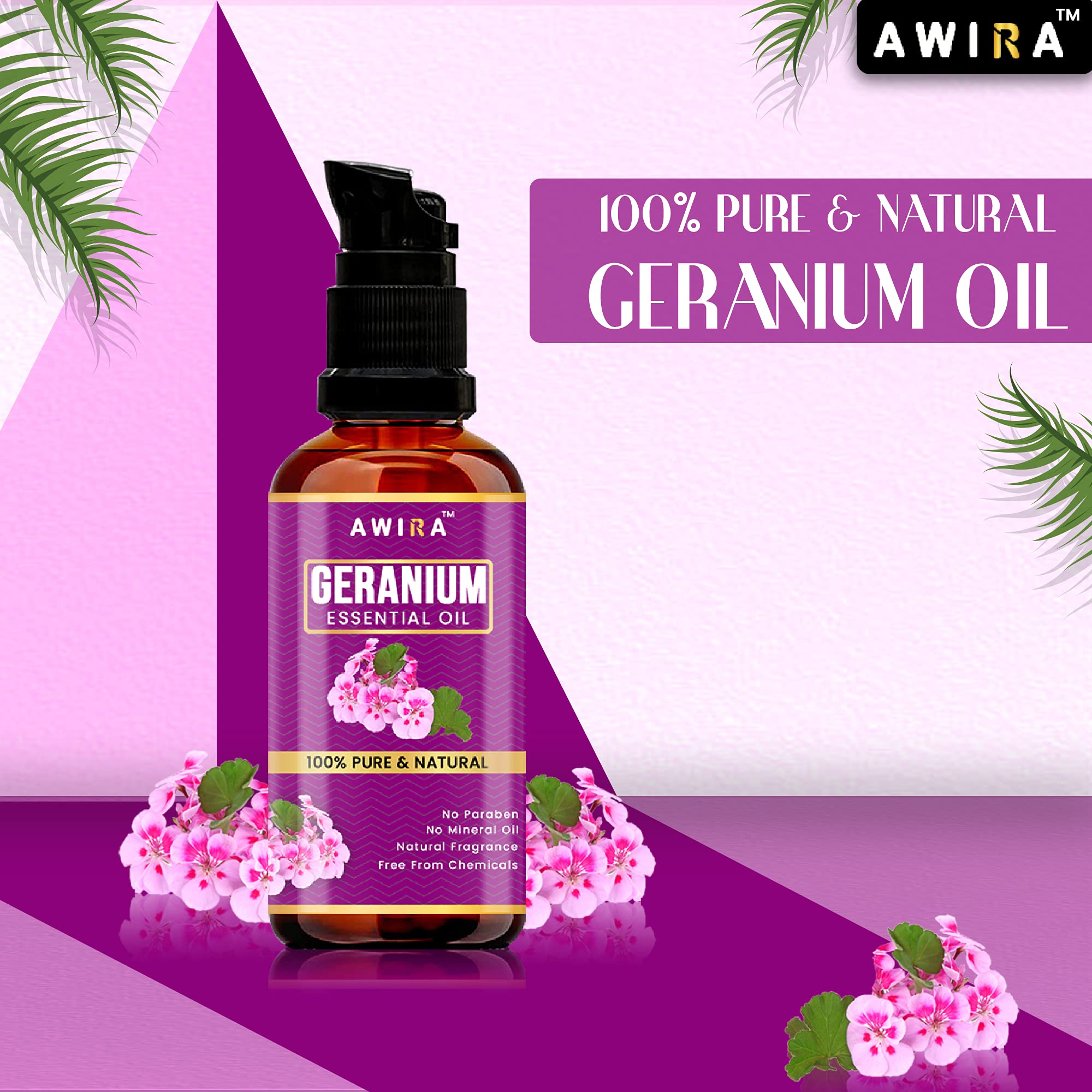 Pure Awira Geranium Essential Oil 30ml - 100% Natural, Undiluted for Skin & Hair Care - Perfect for Aromatherapy, Massage & DIY Beauty Products