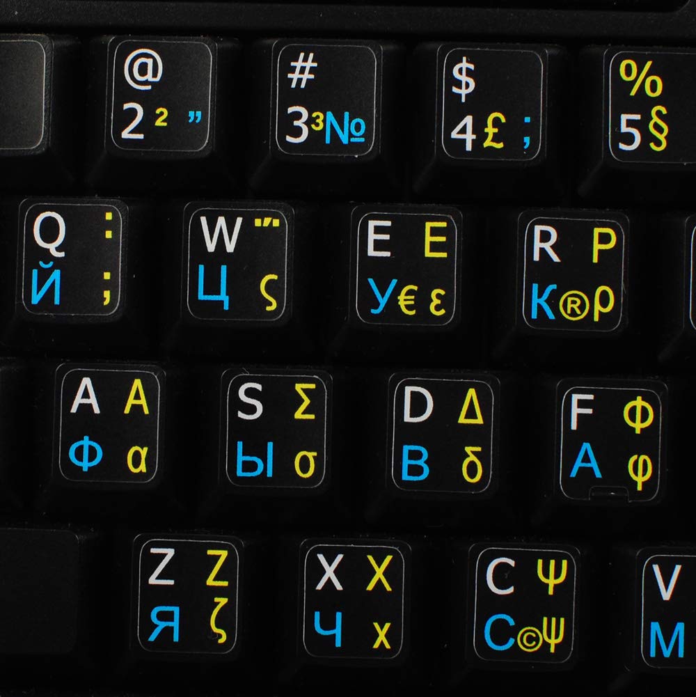 Russian Greek English Keyboard Stickers - Non-Transparent Black Background Labels for PC, Laptop & Notebook - Perfect for Multilingual Typing & Language Learning