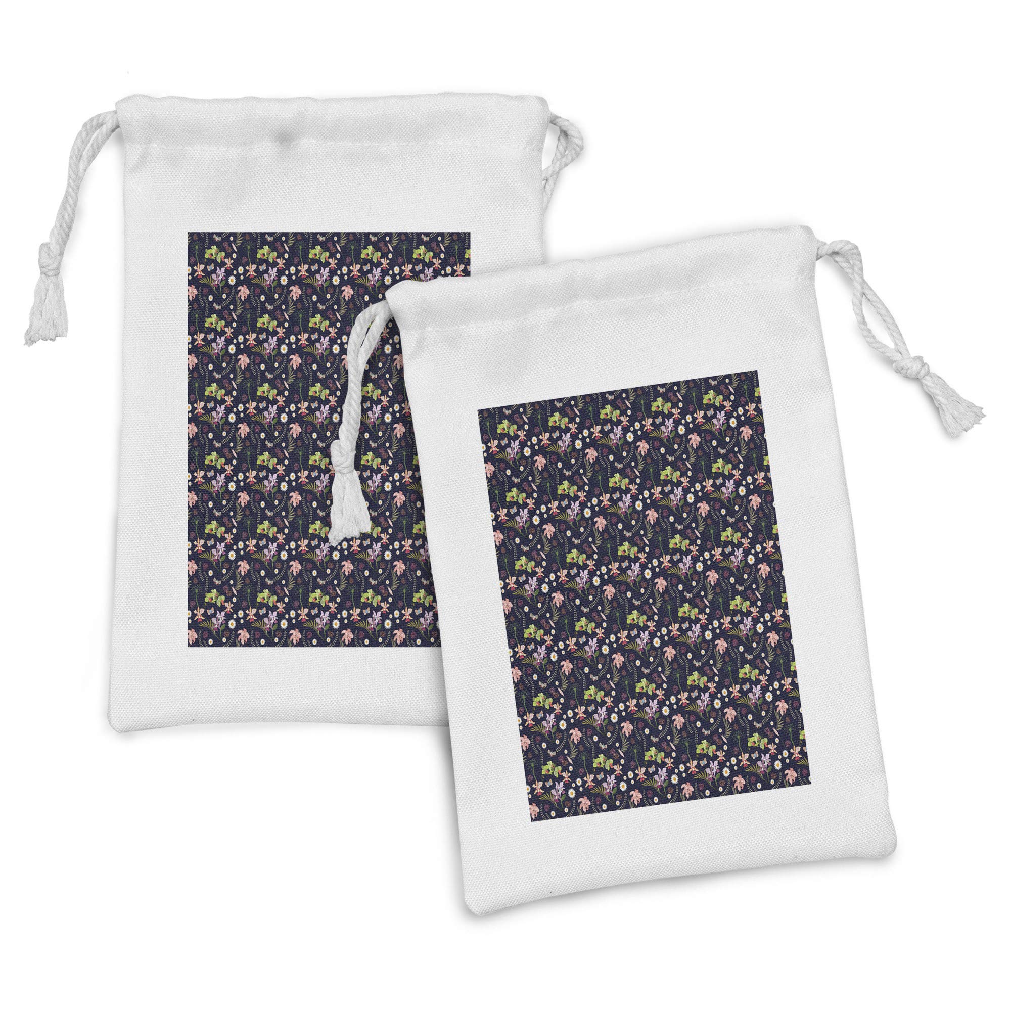 Ambesonne 2-Pack Botanical Fabric Drawstring Pouches - Natural Garden Theme with Plants & Colorful Butterflies - 9
