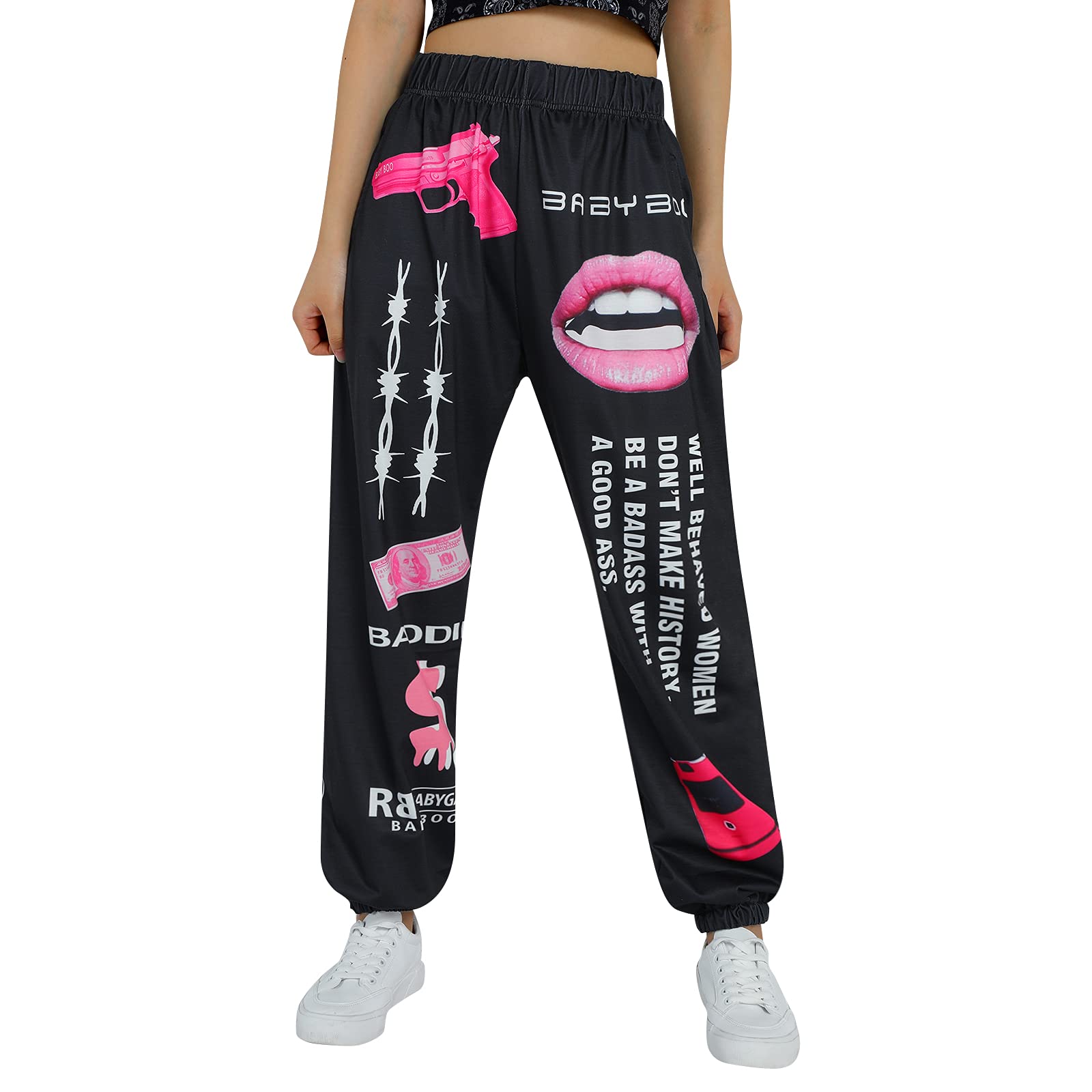ICNGLKSND Women's High Waist 3D Graphic Jogging Pants - Oversized Elastic Waistband & Cuffed Ankle Sweatpants for Casual Wear, Gym, Lounge & Street Fashion