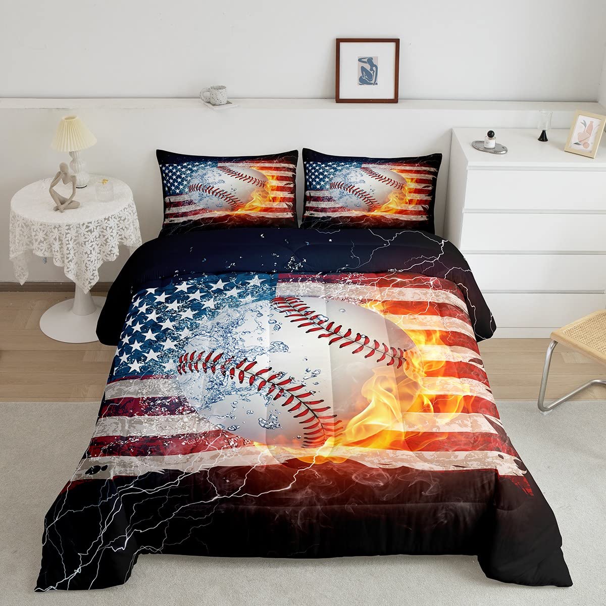 Full Size Baseball Comforter Set for Boys & Teens - American Flag Bedding with Stars & Stripes Design, USA Sports Theme Duvet Cover Set with Gold Fire Down Comforter - Perfect for Bedroom Decor, Sports Fans, and Patriotic Home Styling
