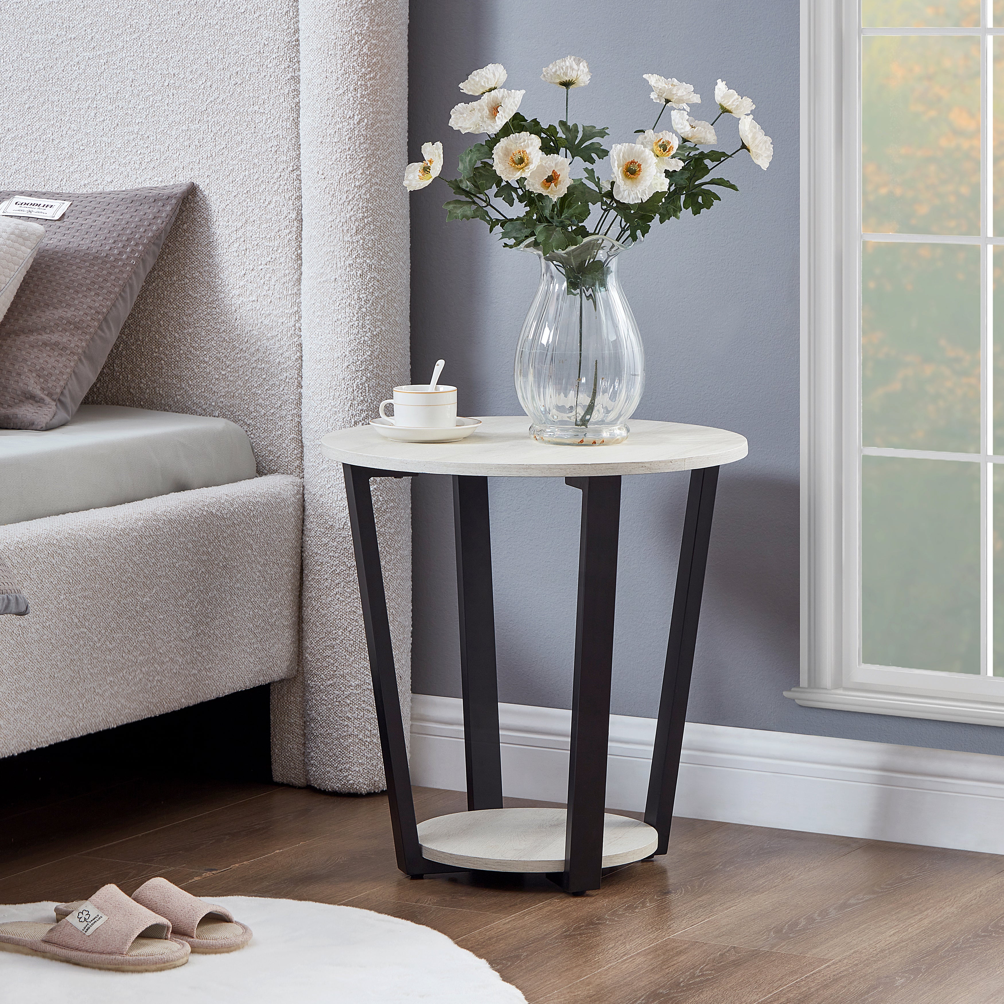 Roundhill Furniture Elysian Modern Round End Table with Lower Shelf - Stylish Living Room Side Table for Sofa, Bedroom & Small Spaces